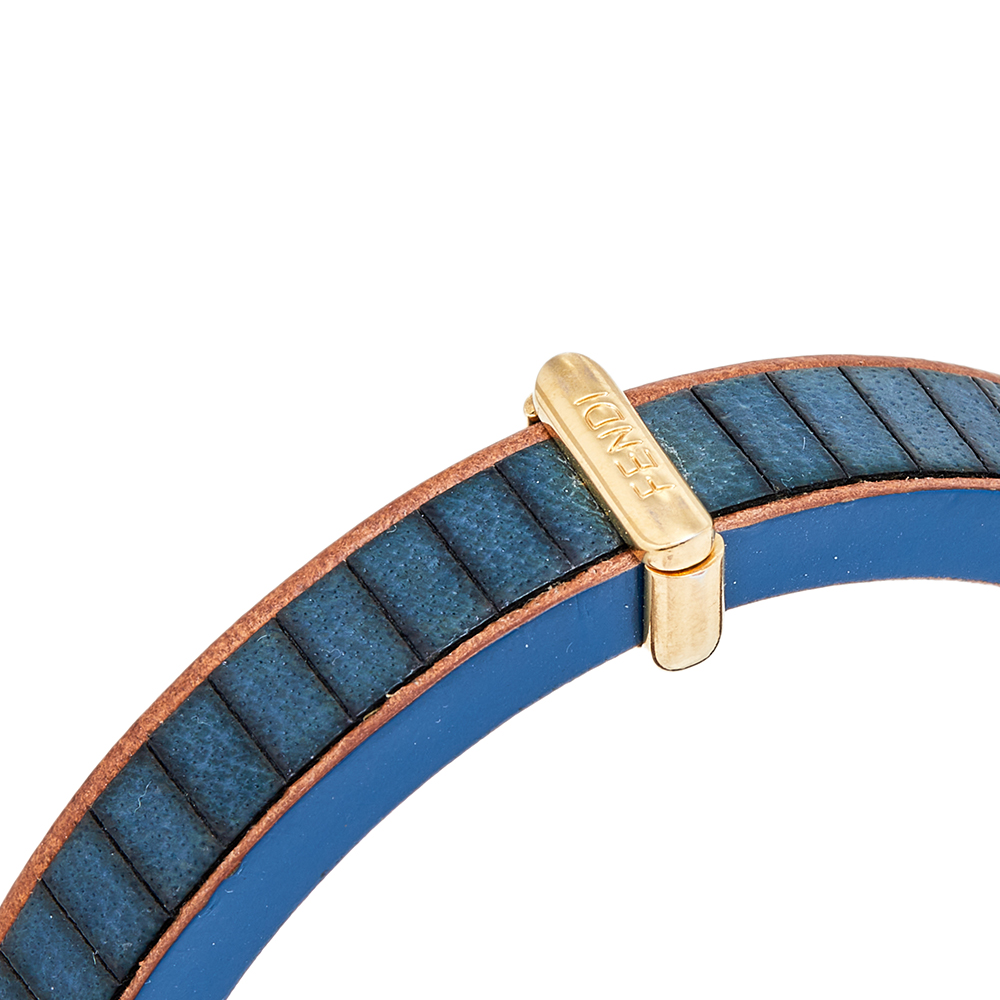 Fendi Wood Leather Gold Tone Metal Navy Blue Bangle Bracelet