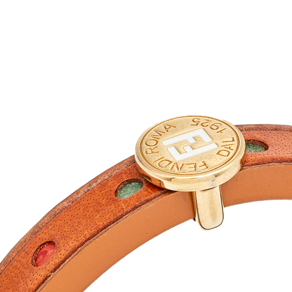 Fendi Wood Leather Multi Color Gold Tone Metal Bangle Bracelet