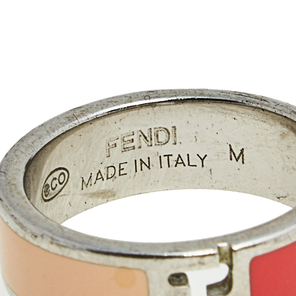 Fendi The Fendista Bi-color Enamel Silver Tone Band Ring Size 55