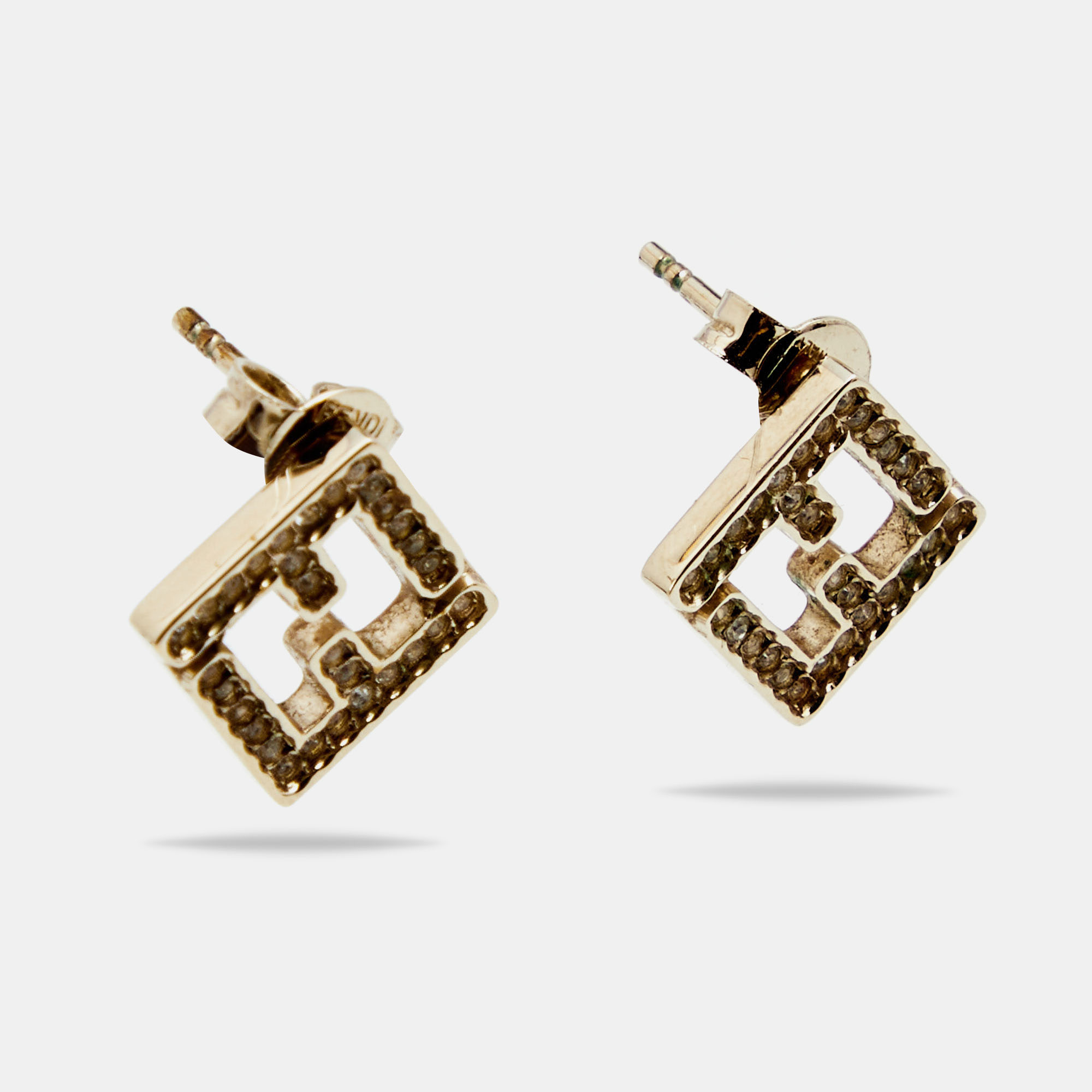 

Fendi Gold Tone Crystal FF Cube Stud Earrings