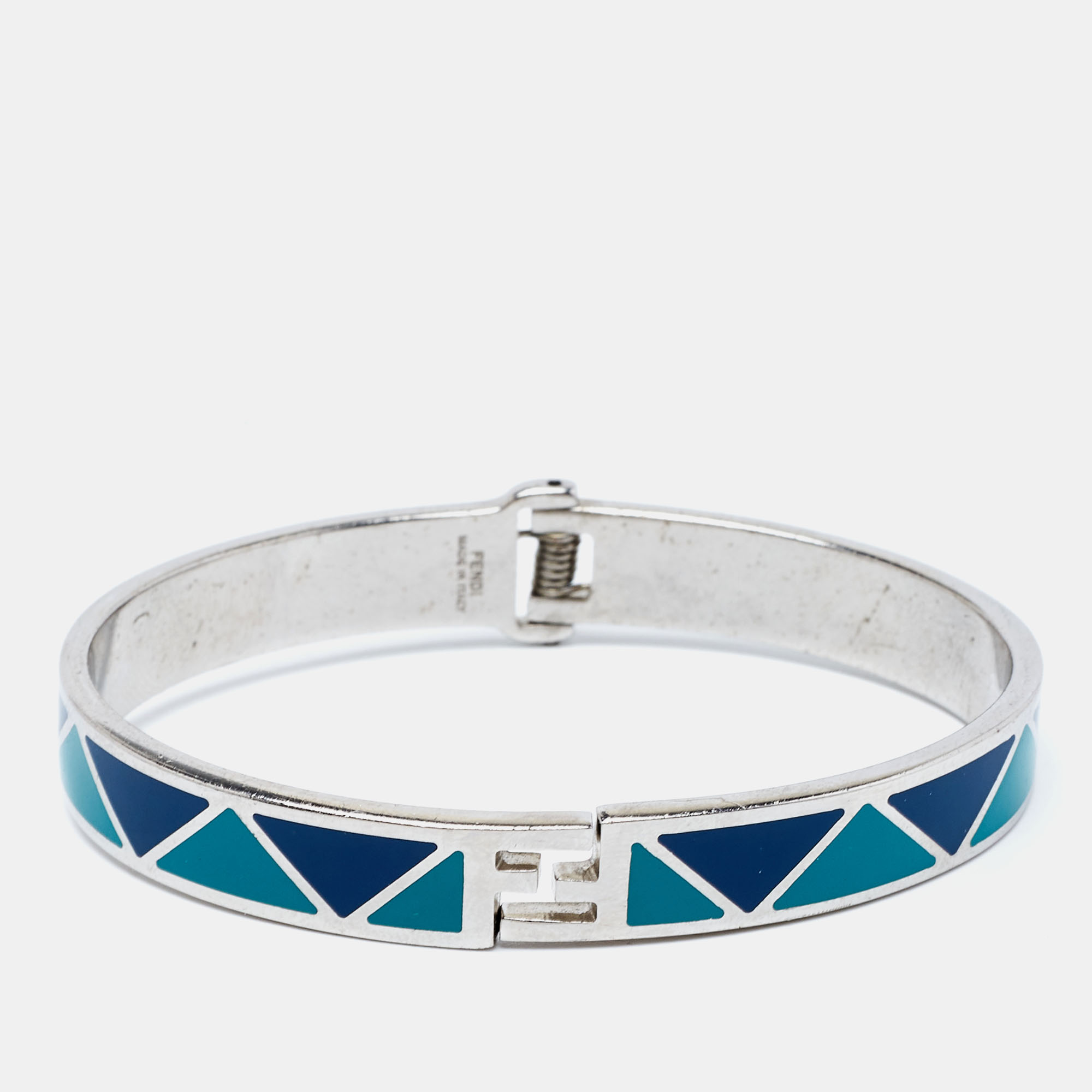 Fendi Green & Blue Enamel Silver Tone Fendista Cuff Bracelet