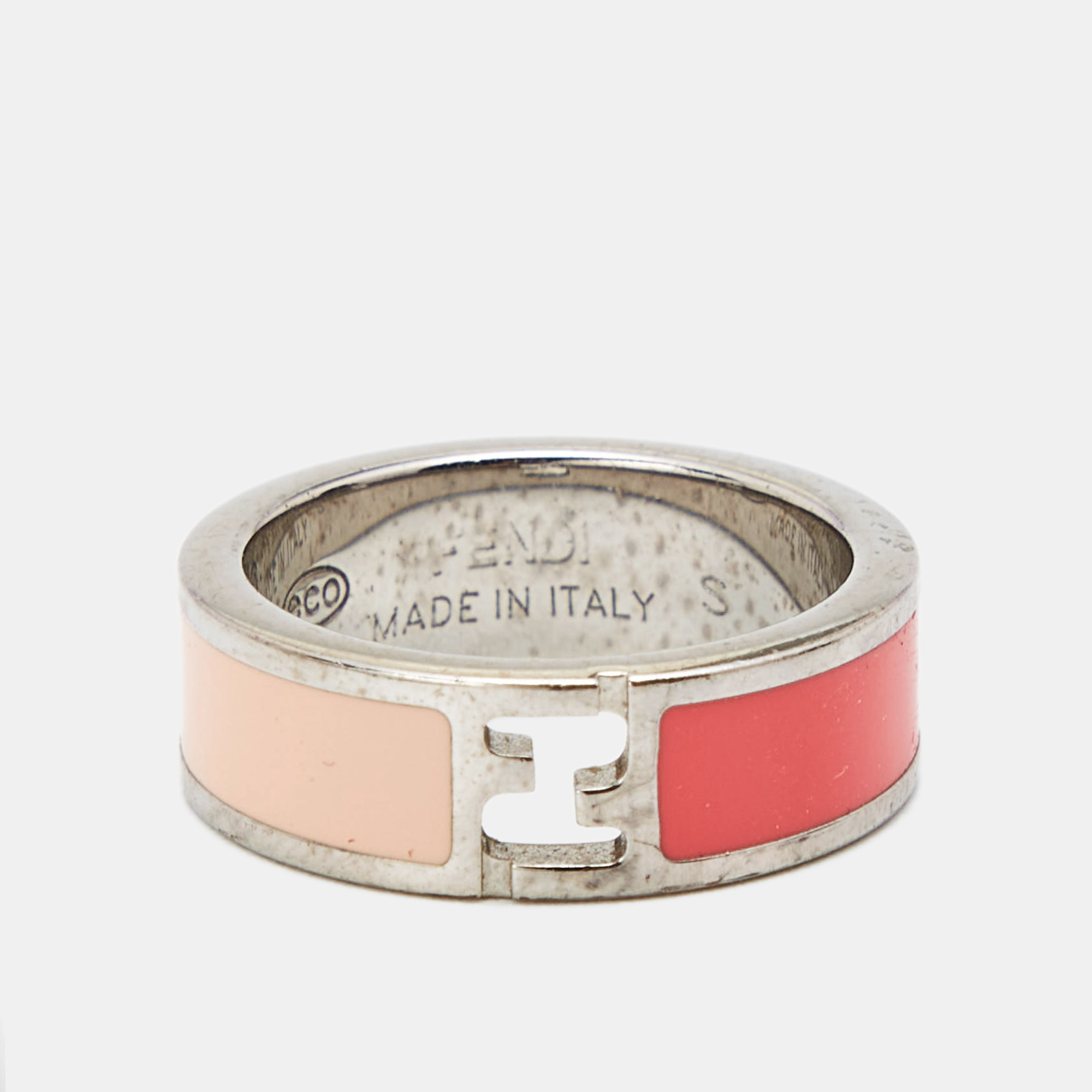 Fendi Fendista Bicolor Enamel Silver Tone Ring Size 51