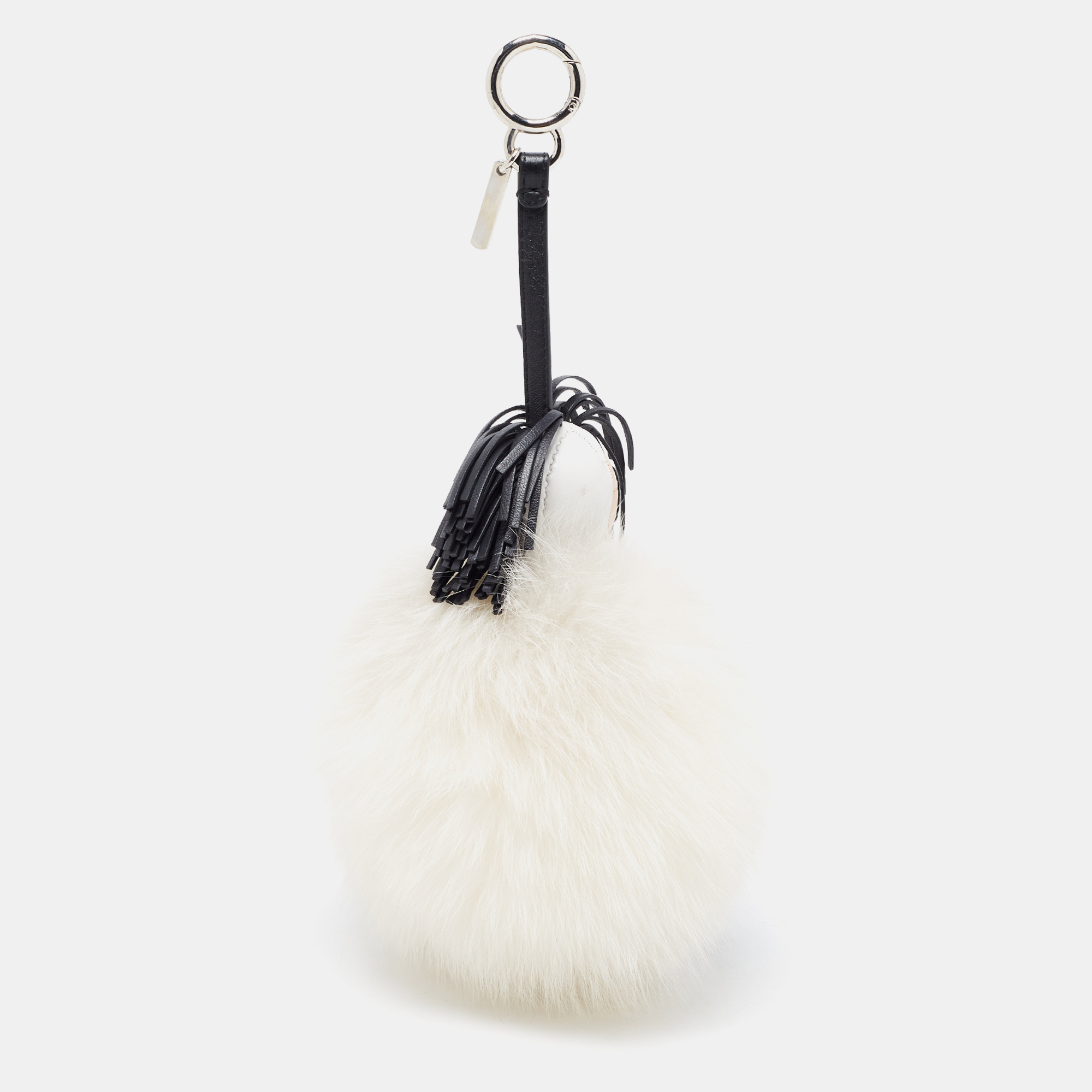 Fendi White/Black Fox Fur And Leather Karlito Pom Pom Bag Charm
