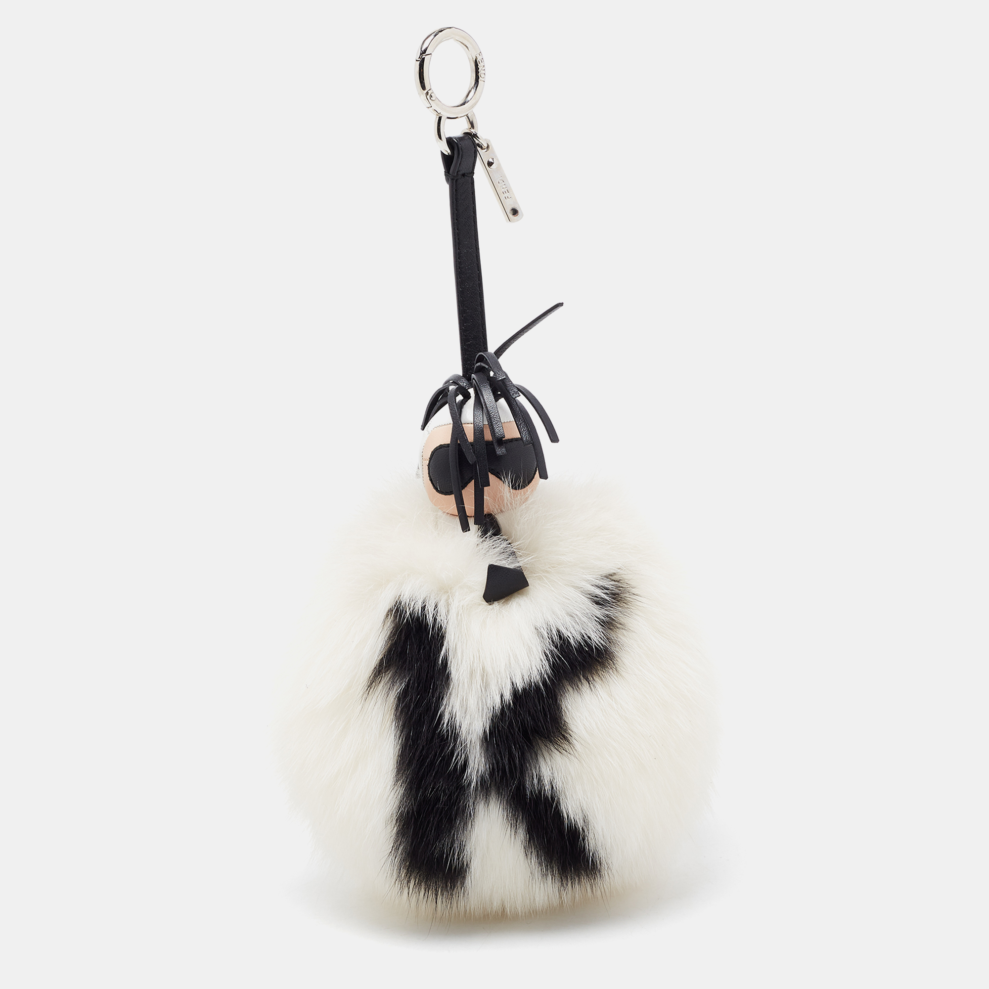 Fendi White/Black Fox Fur And Leather Karlito Pom Pom Bag Charm