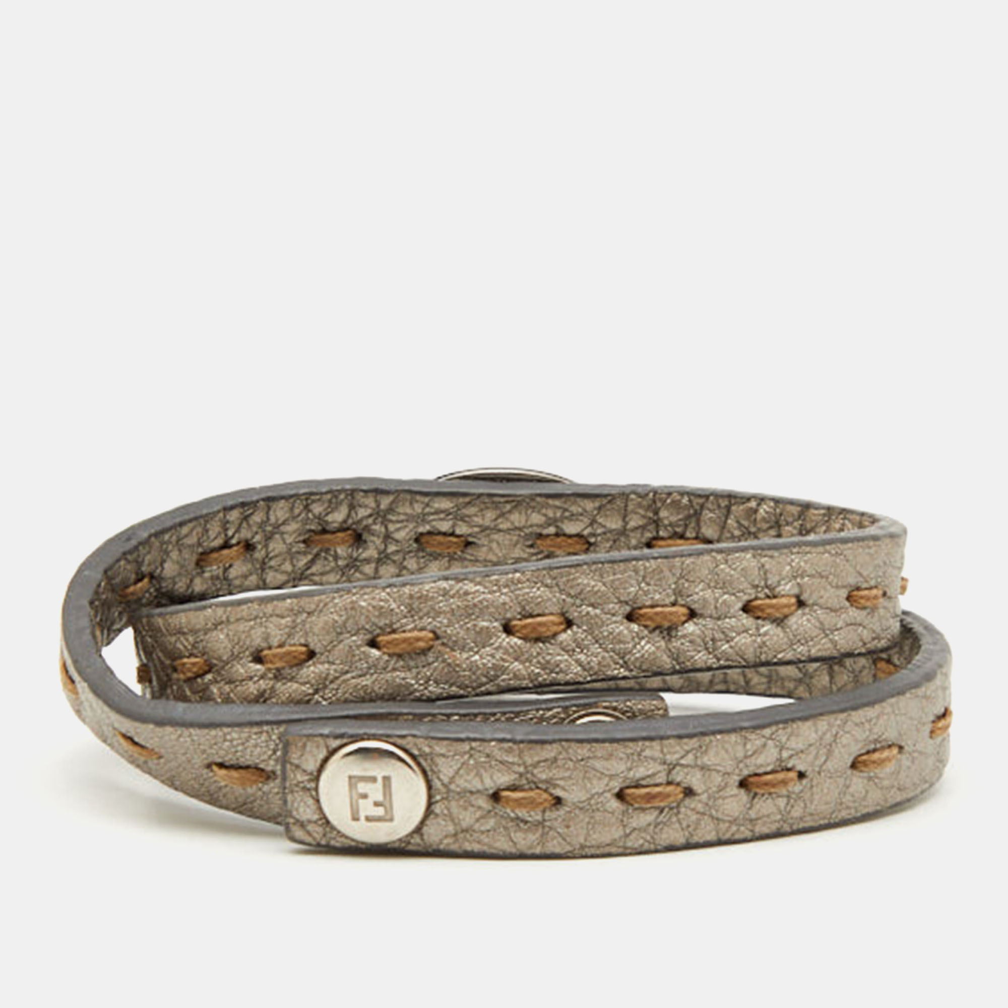 Fendi Selleria Metallic Leather Silver Tone Double Wrap Bracelet