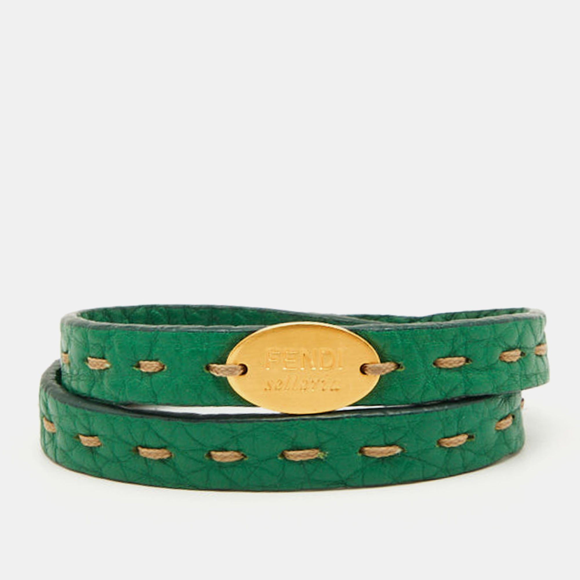 Fendi Selleria Green Leather Double Wrap Bracelet