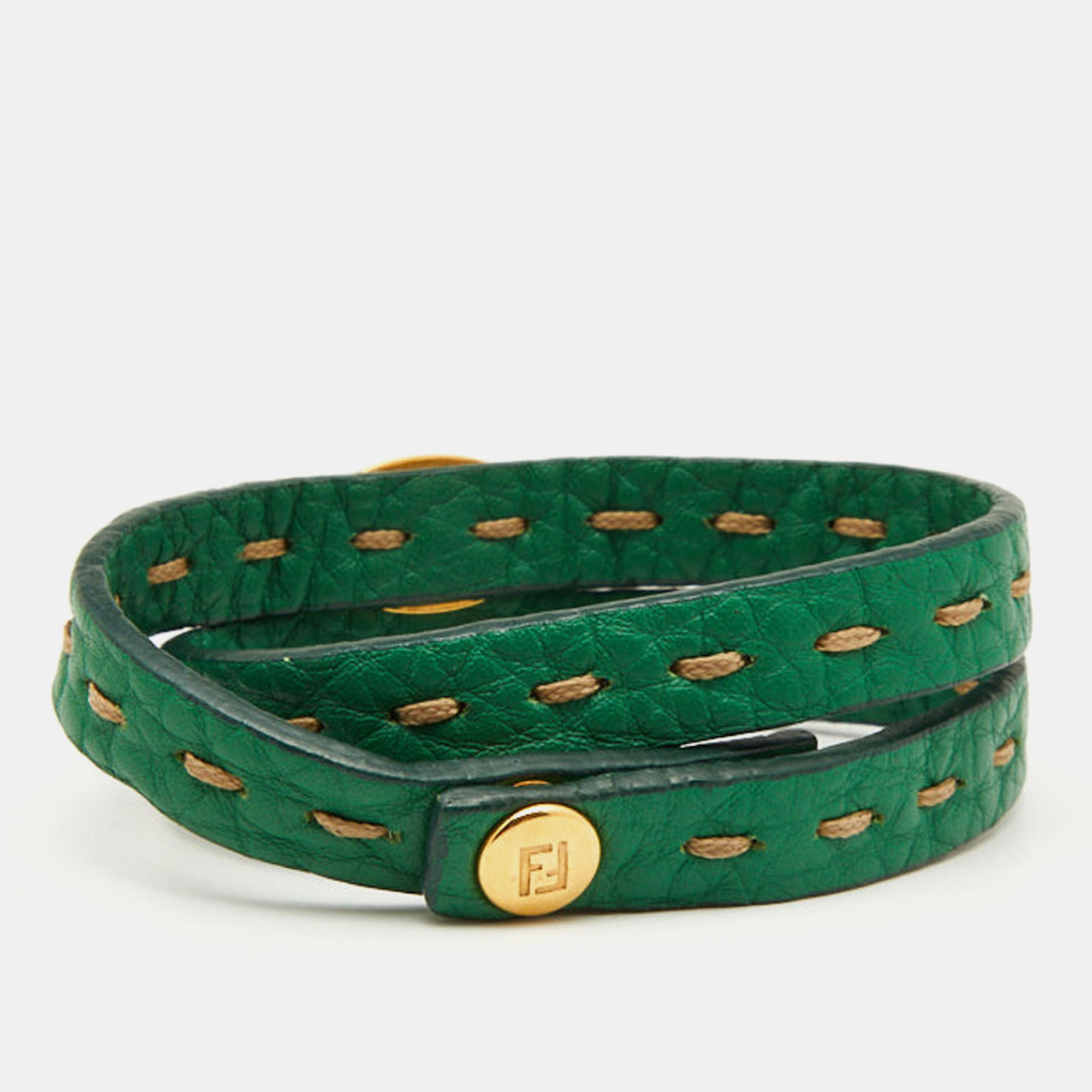 Fendi Selleria Green Leather Double Wrap Bracelet