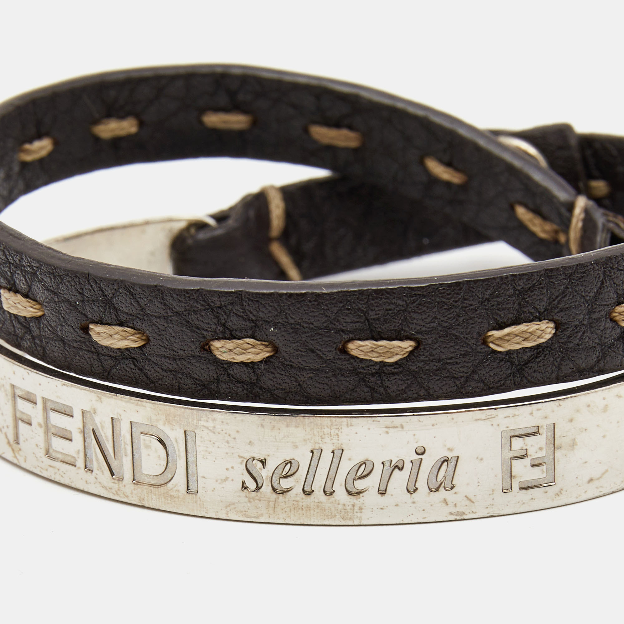 Fendi Selleria Silver Tone Cuff & Metallic Leather Double Wrap Bracelet