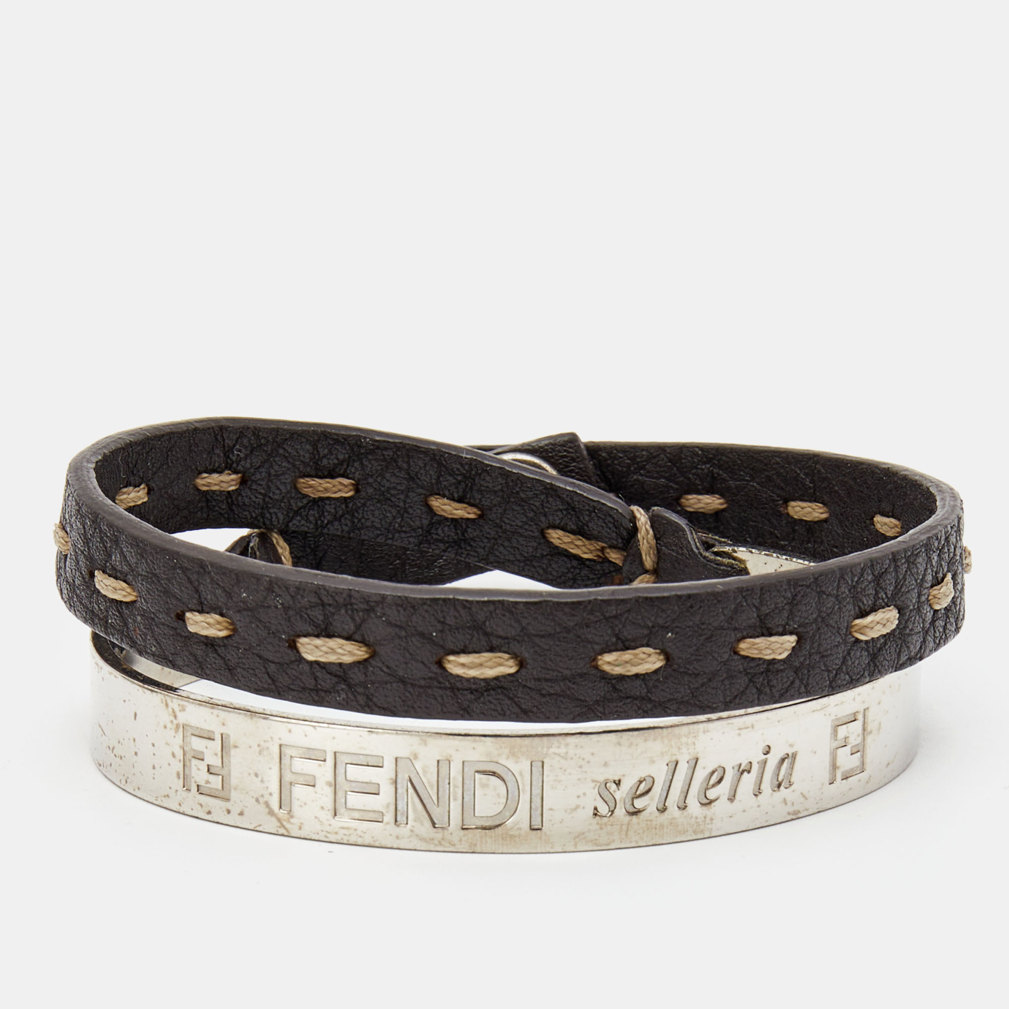 Fendi selleria silver tone cuff & metallic leather double wrap bracelet