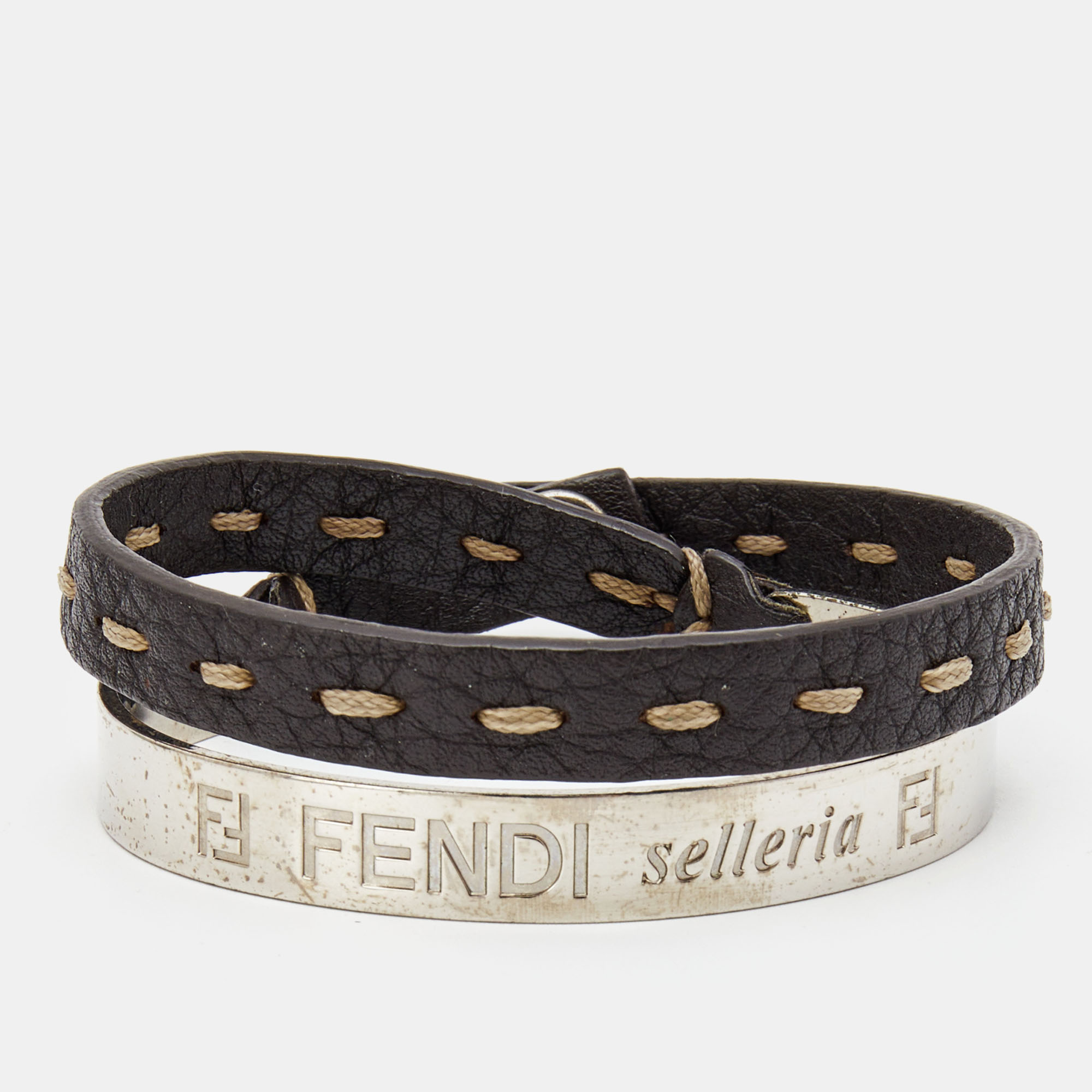 Fendi Selleria Silver Tone Cuff & Metallic Leather Double Wrap Bracelet