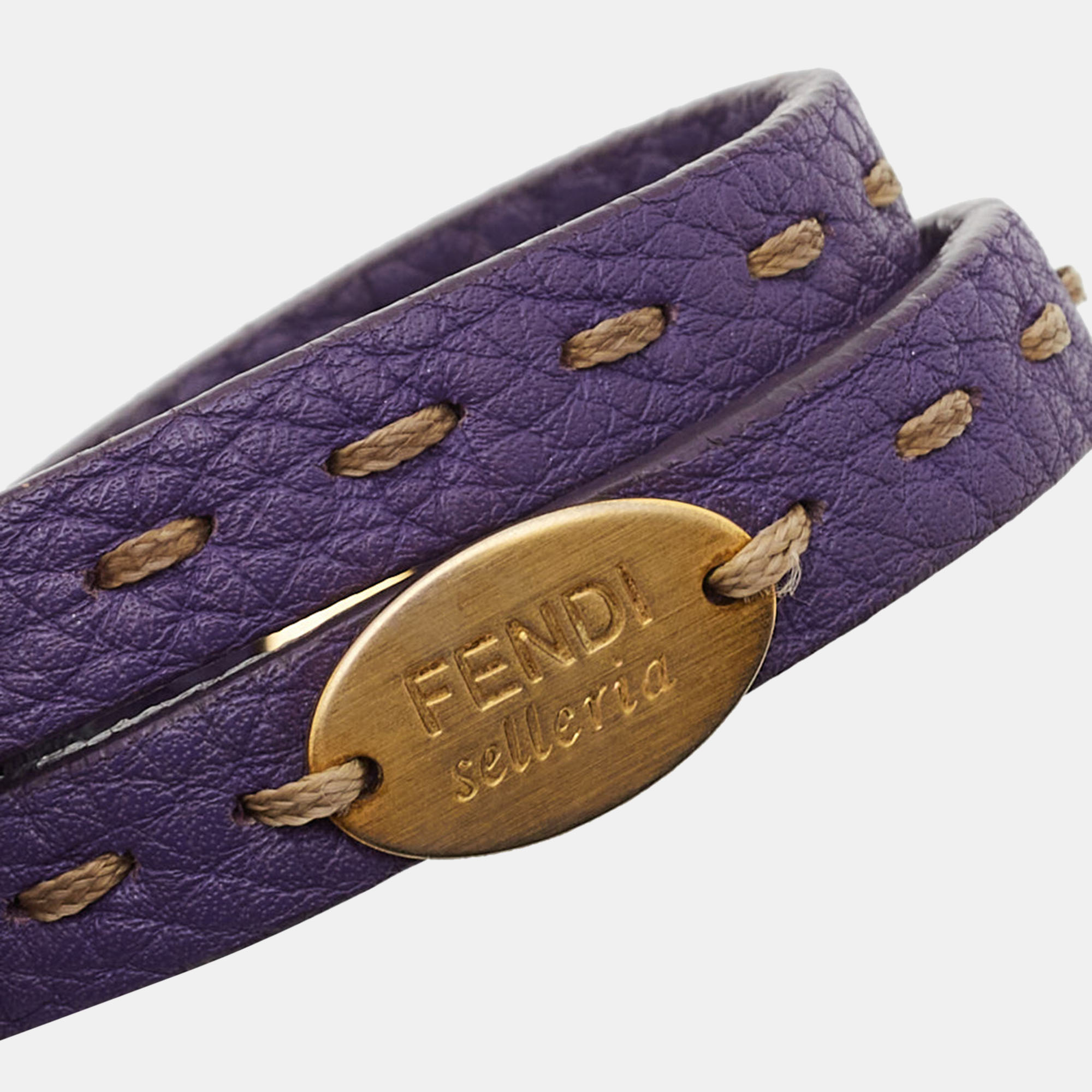 Fendi Purple Leather Selleria Gold Tone Double Wrap Bracelet