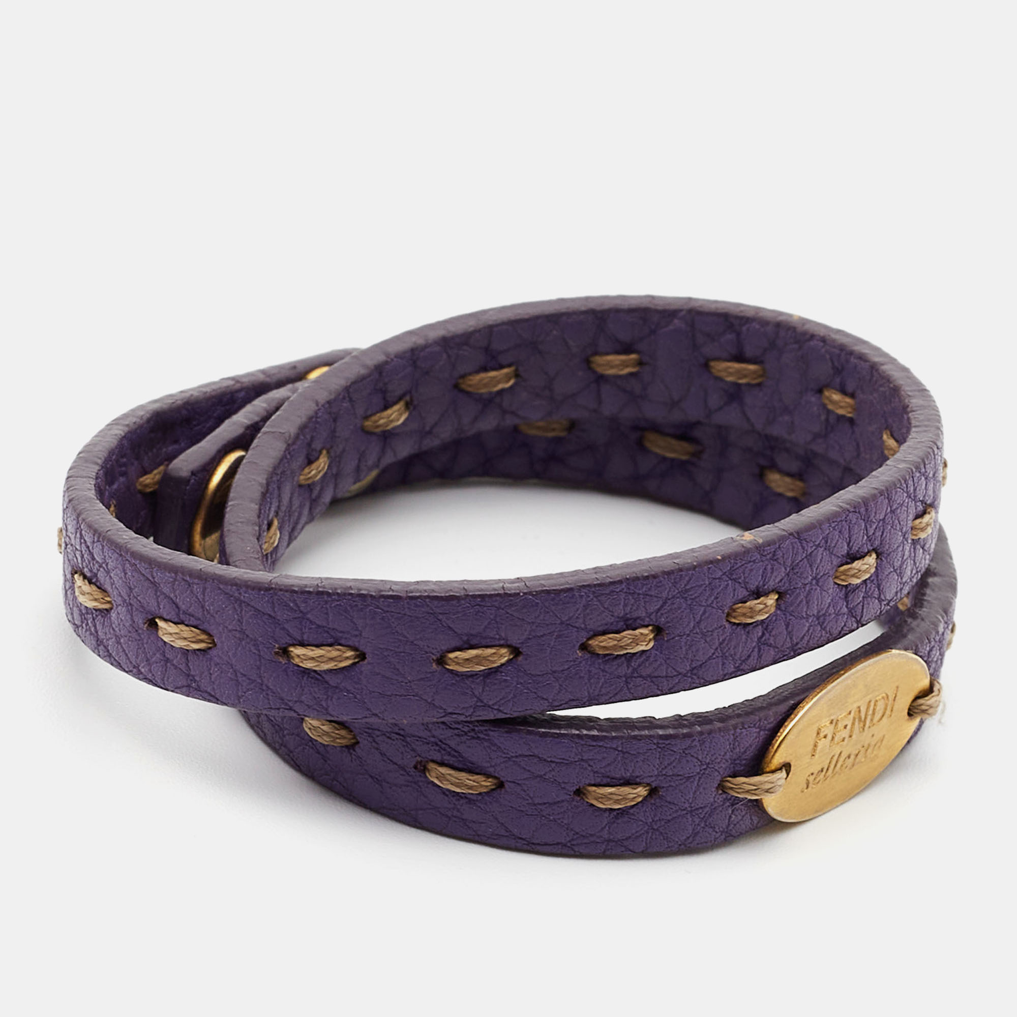 Fendi Purple Leather Selleria Gold Tone Double Wrap Bracelet