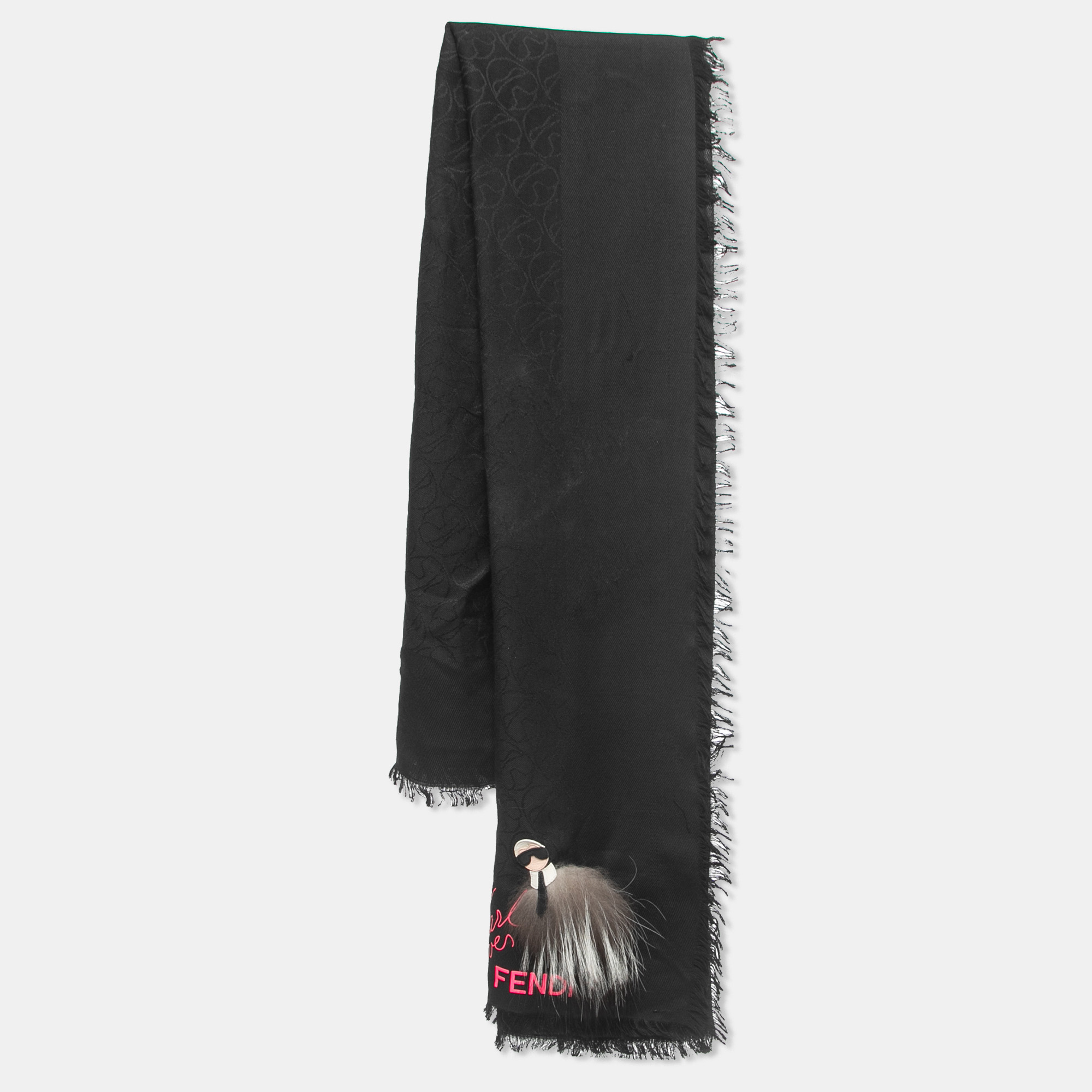 Fendi Black Fox Fur Applique Detail Silk & Wool Karlito Shawl