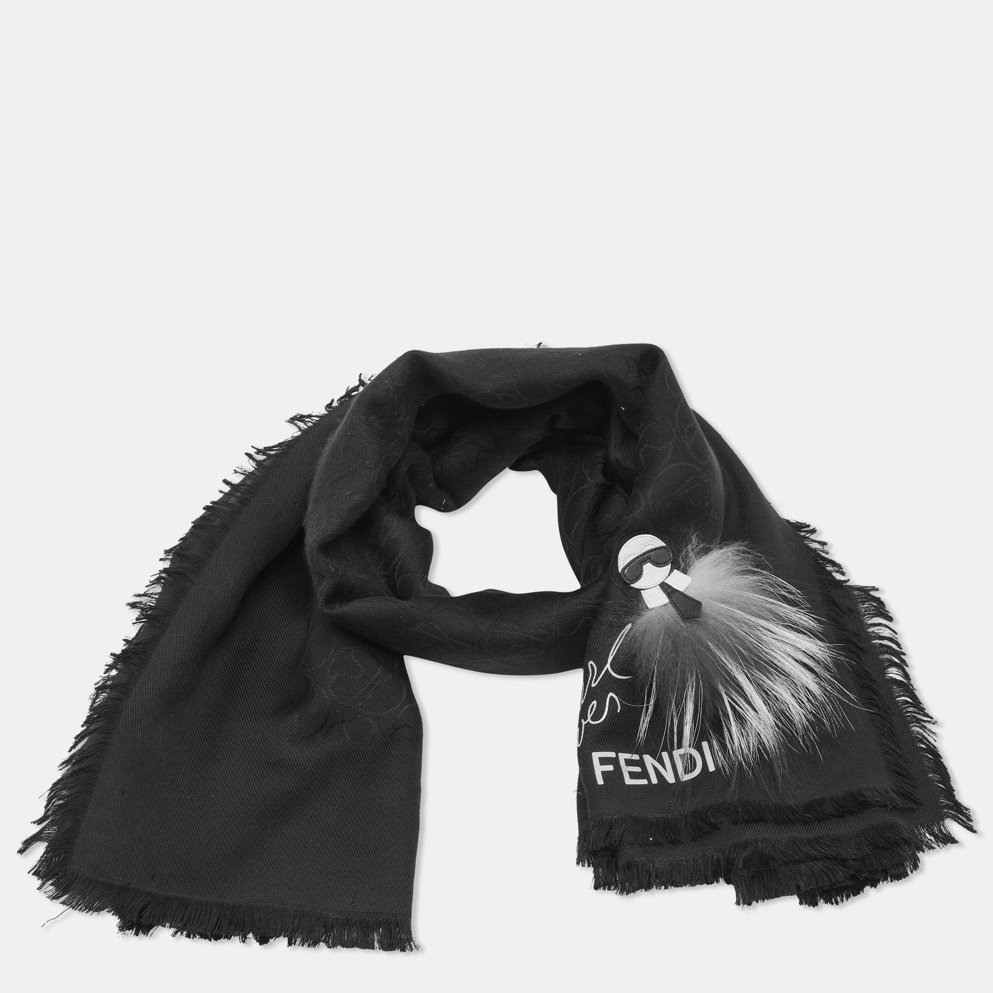 

Fendi Black Fox Fur Applique Detail Silk & Wool Karlito Shawl