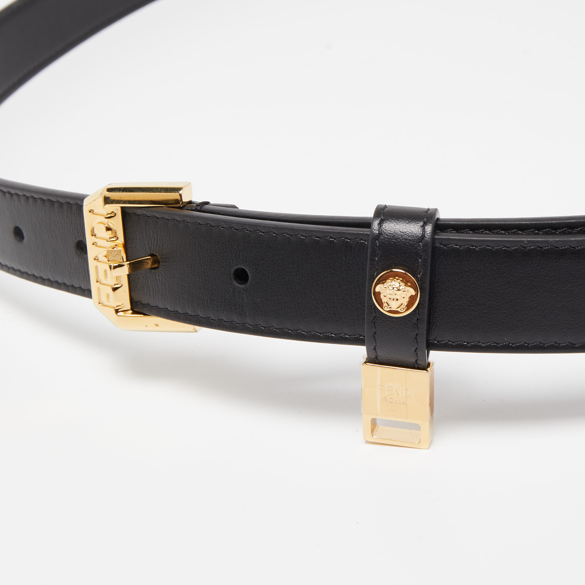 Fendi X Versace Black Leather Logo Letters Buckle Belt 105CM