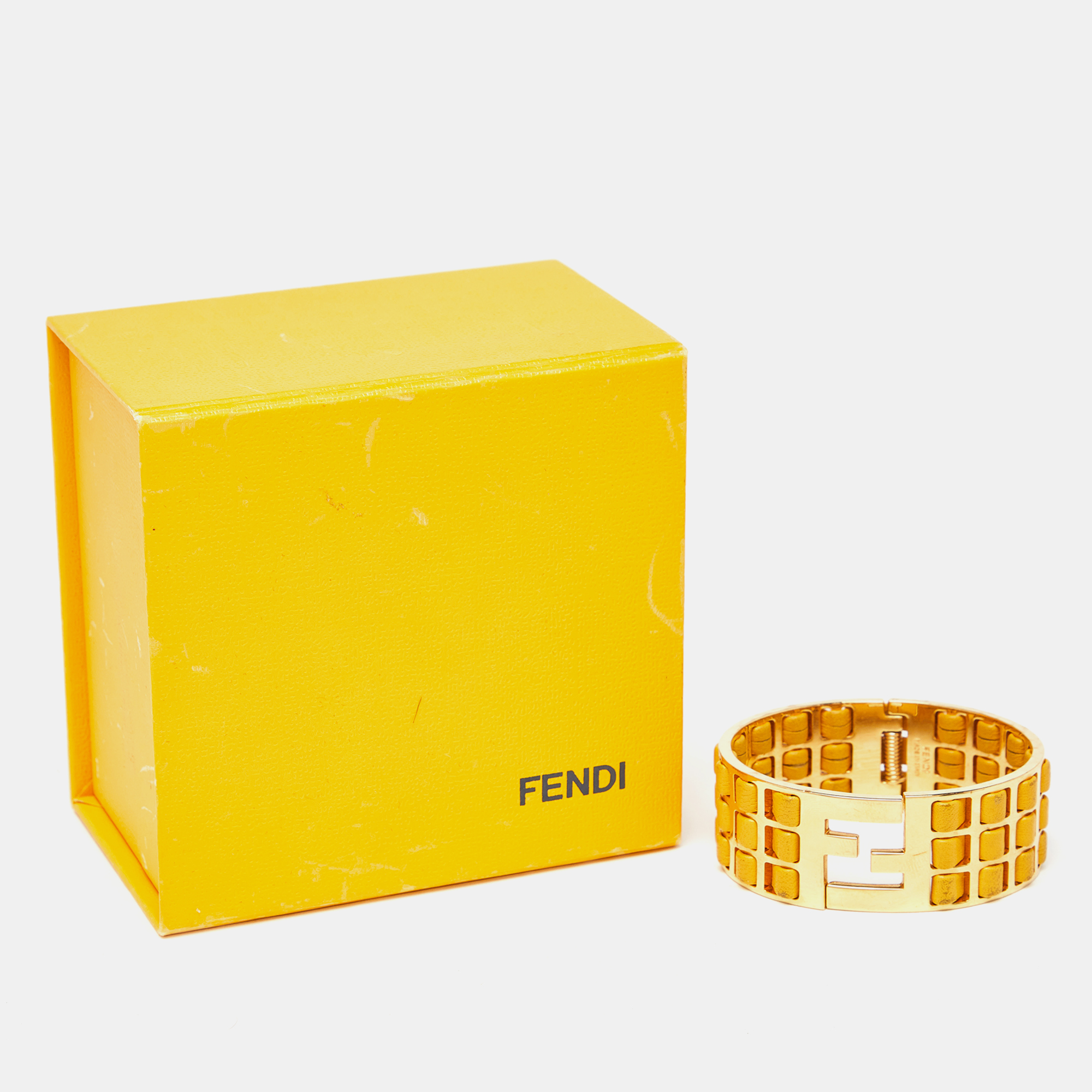 Fendi Fendista Yellow Leather Braided Gold Tone Cuff Bracelet
