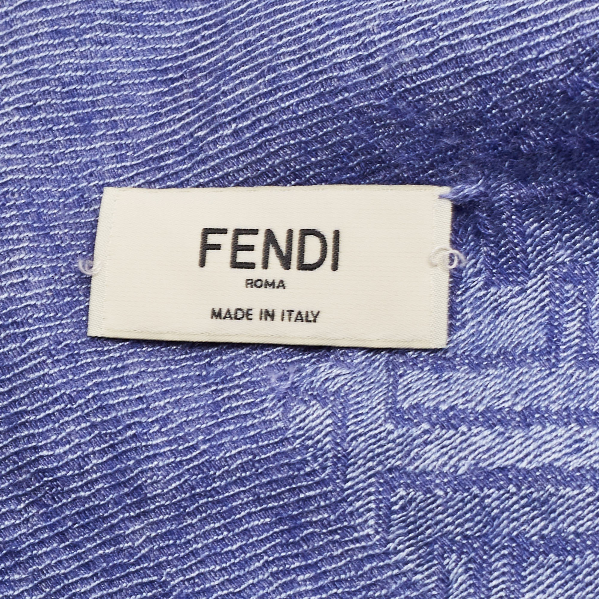 Fendi Blue FF Patterned Cashmere & Silk Fringed Scarf