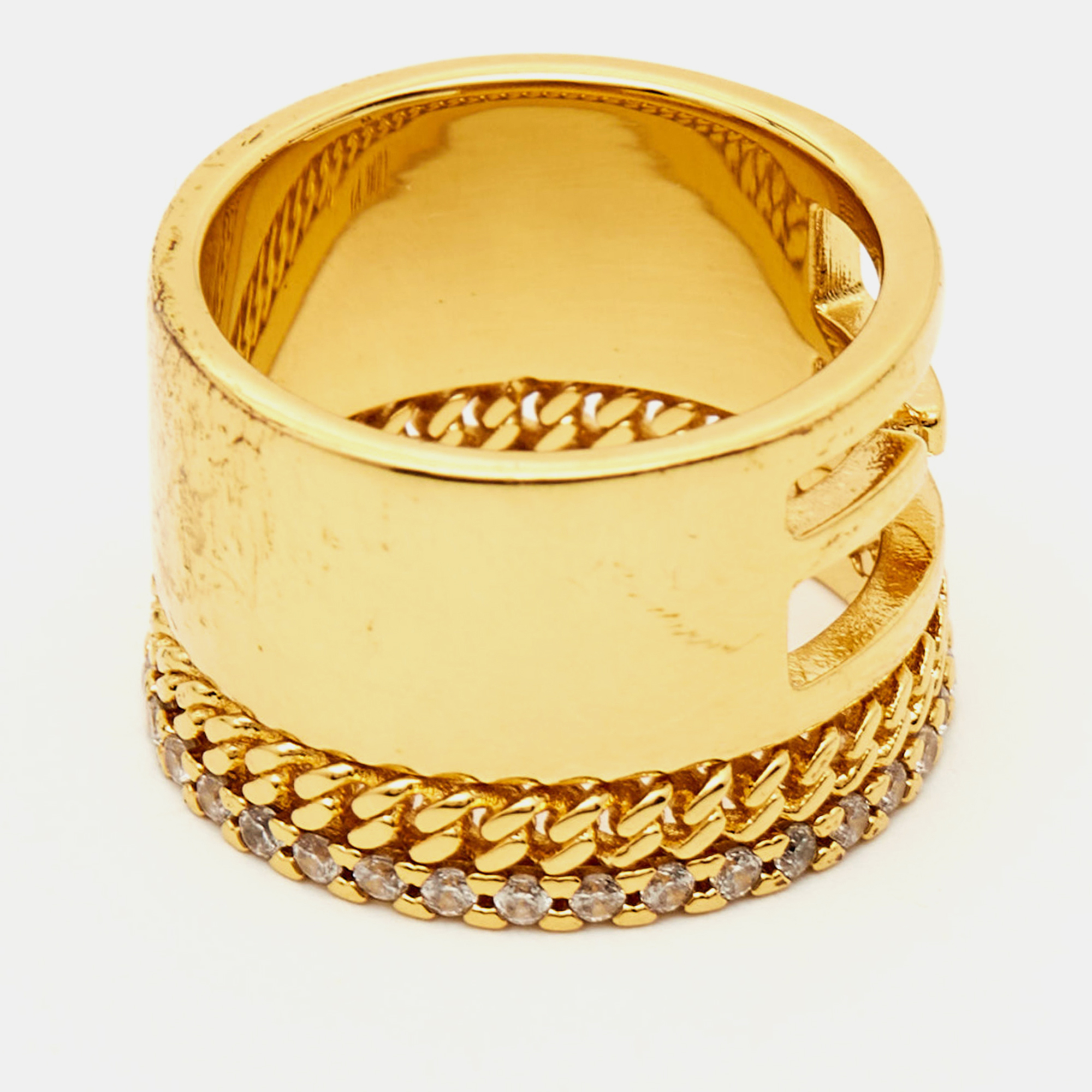Fendi Baguette Crystal Gold Tone Ring Size 56