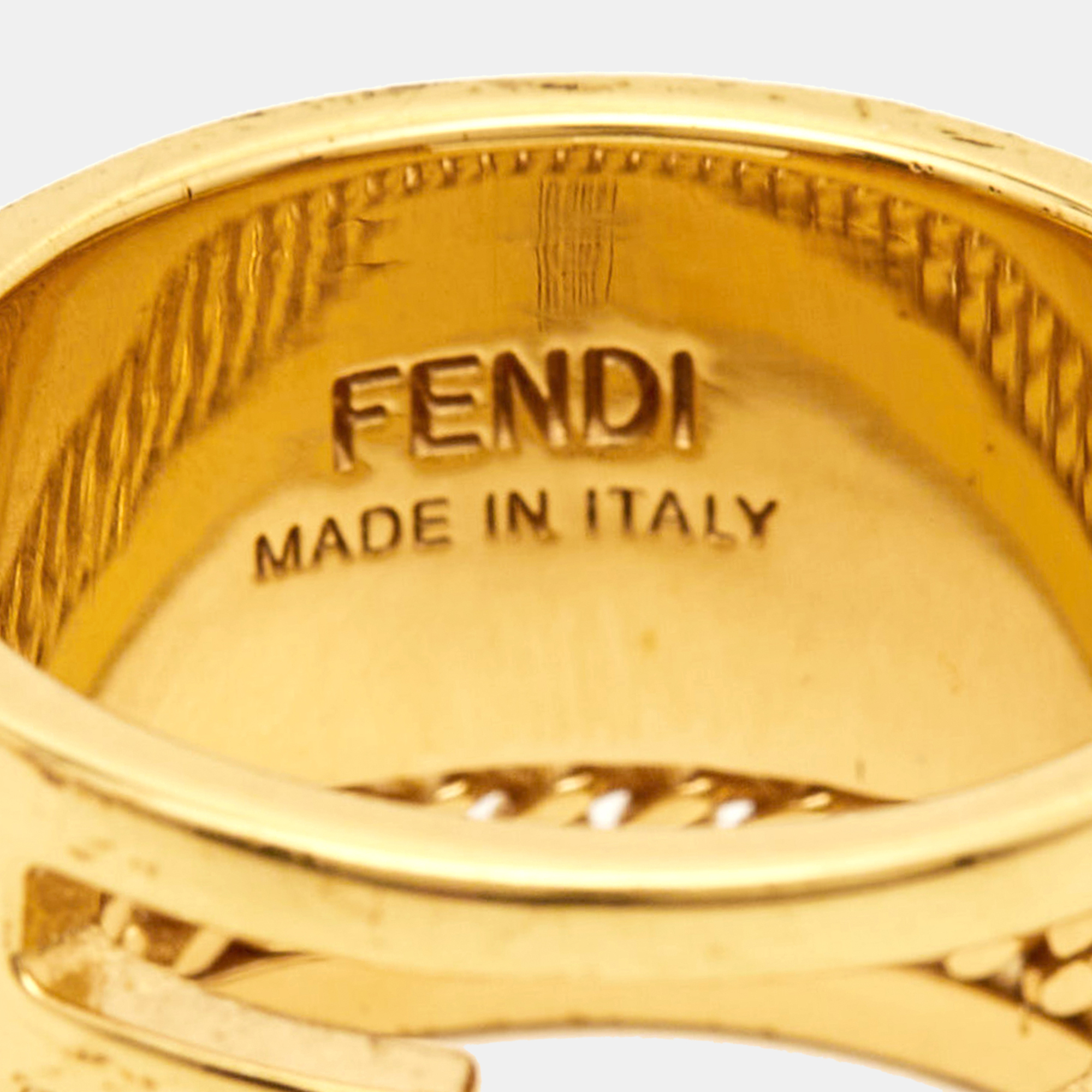 Fendi Baguette Crystal Gold Tone Ring Size 56