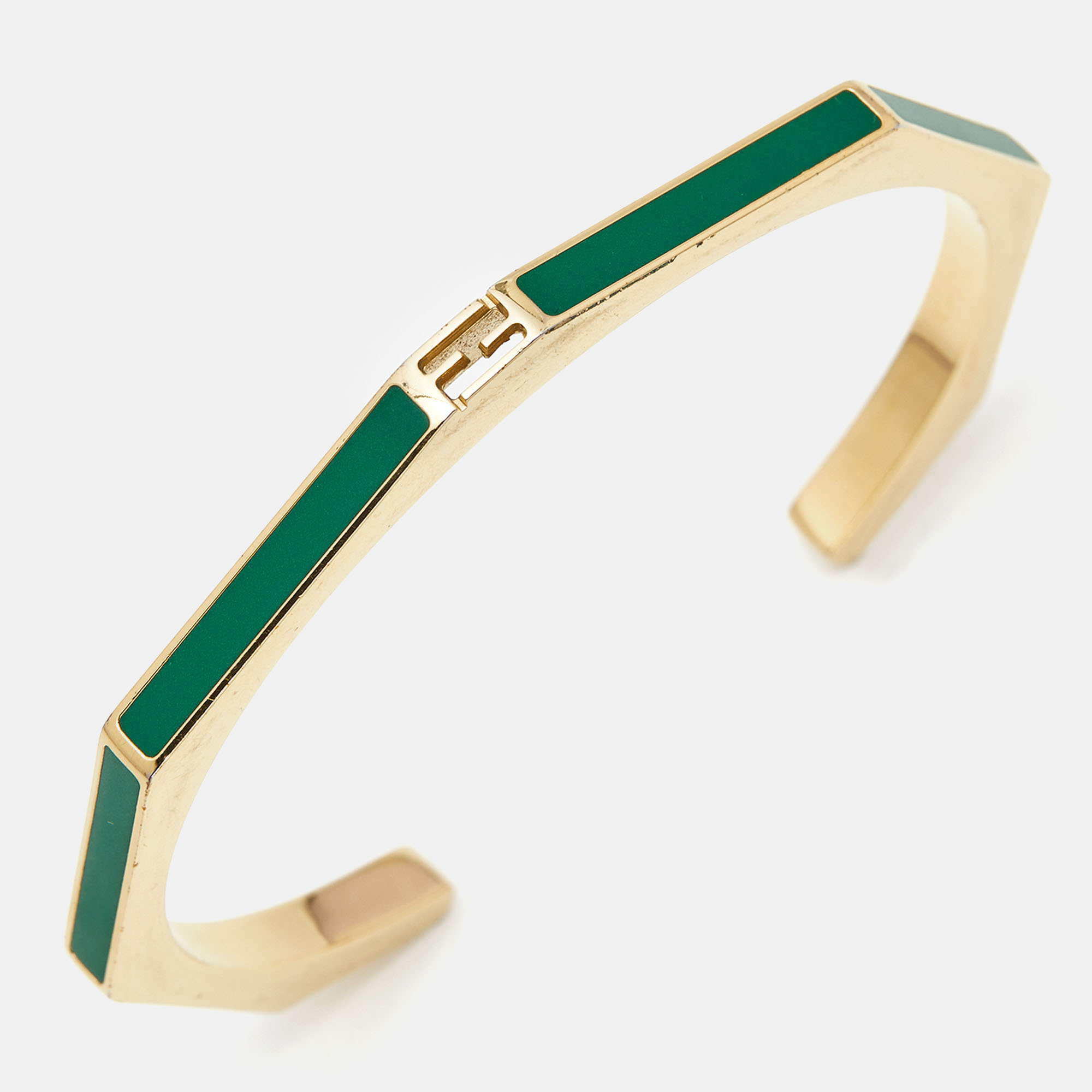 Fendi Baguette Enamel Gold Tone Open Cuff Bracelet S