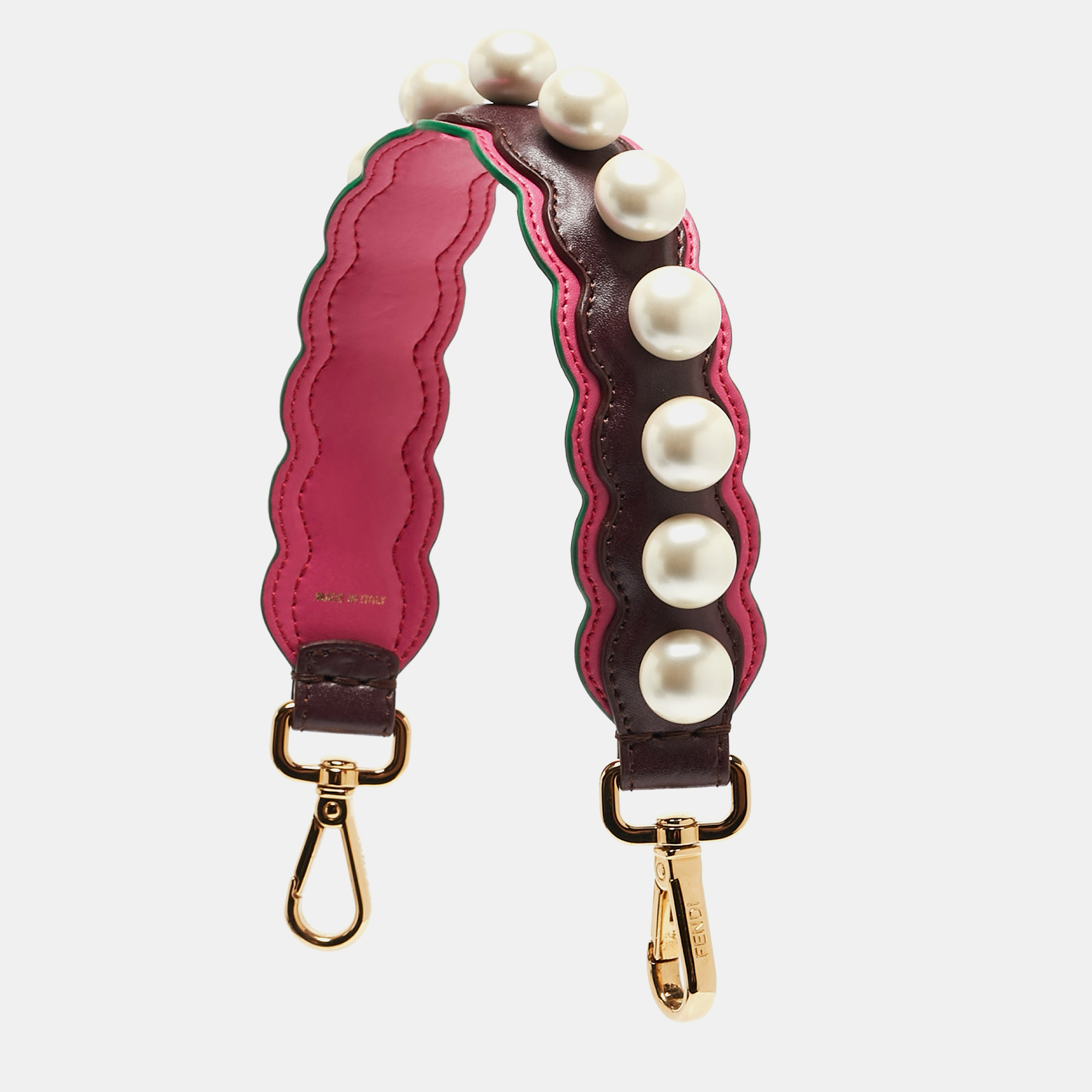 Fendi Burgundy/Pink Pearl Embellished Leather Mini Strap You Shoulder Bag Strap