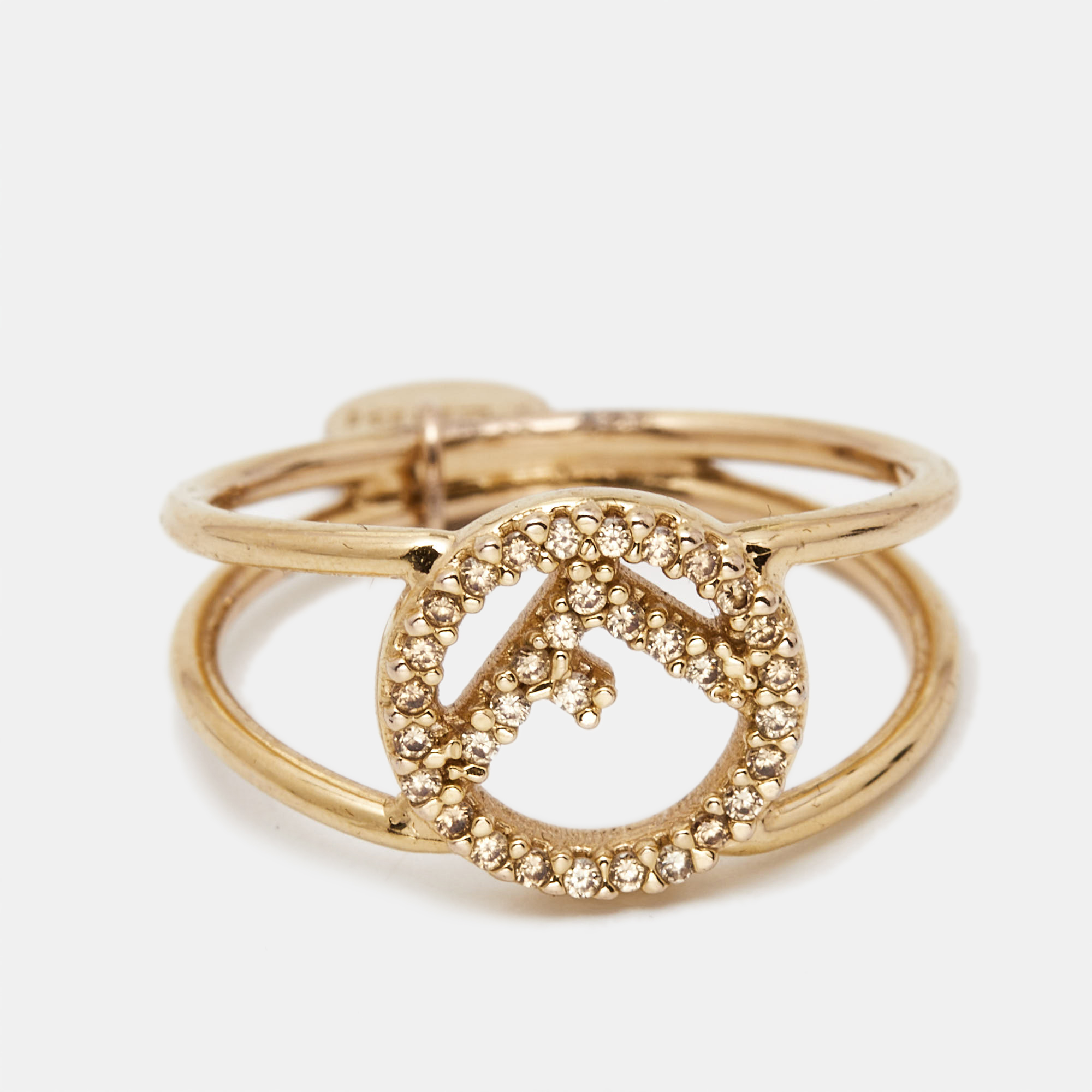 Fendi F Is Fendi Crystal Logo Gold Tone Ring Size 54