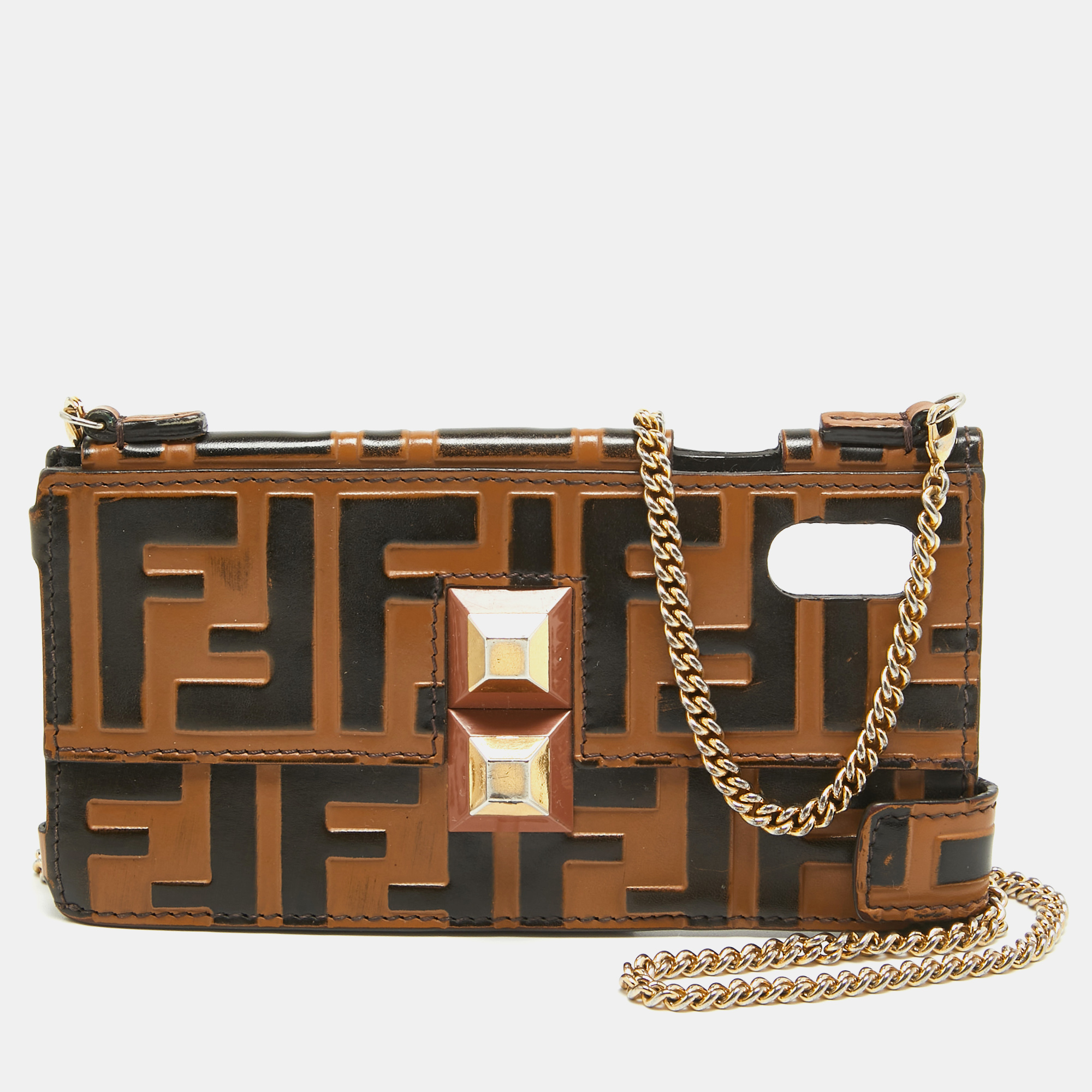 Fendi brown/black zucca leather iphone x case chain strap