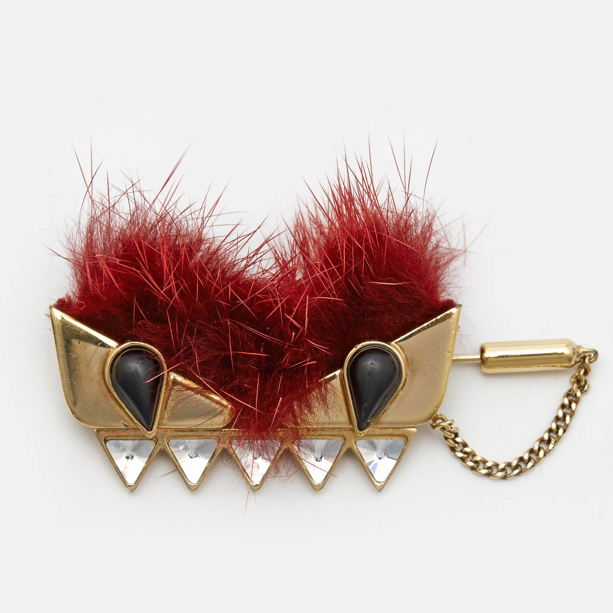 Fendi wonders burgundy fur embellished gold tone monster pin brooch