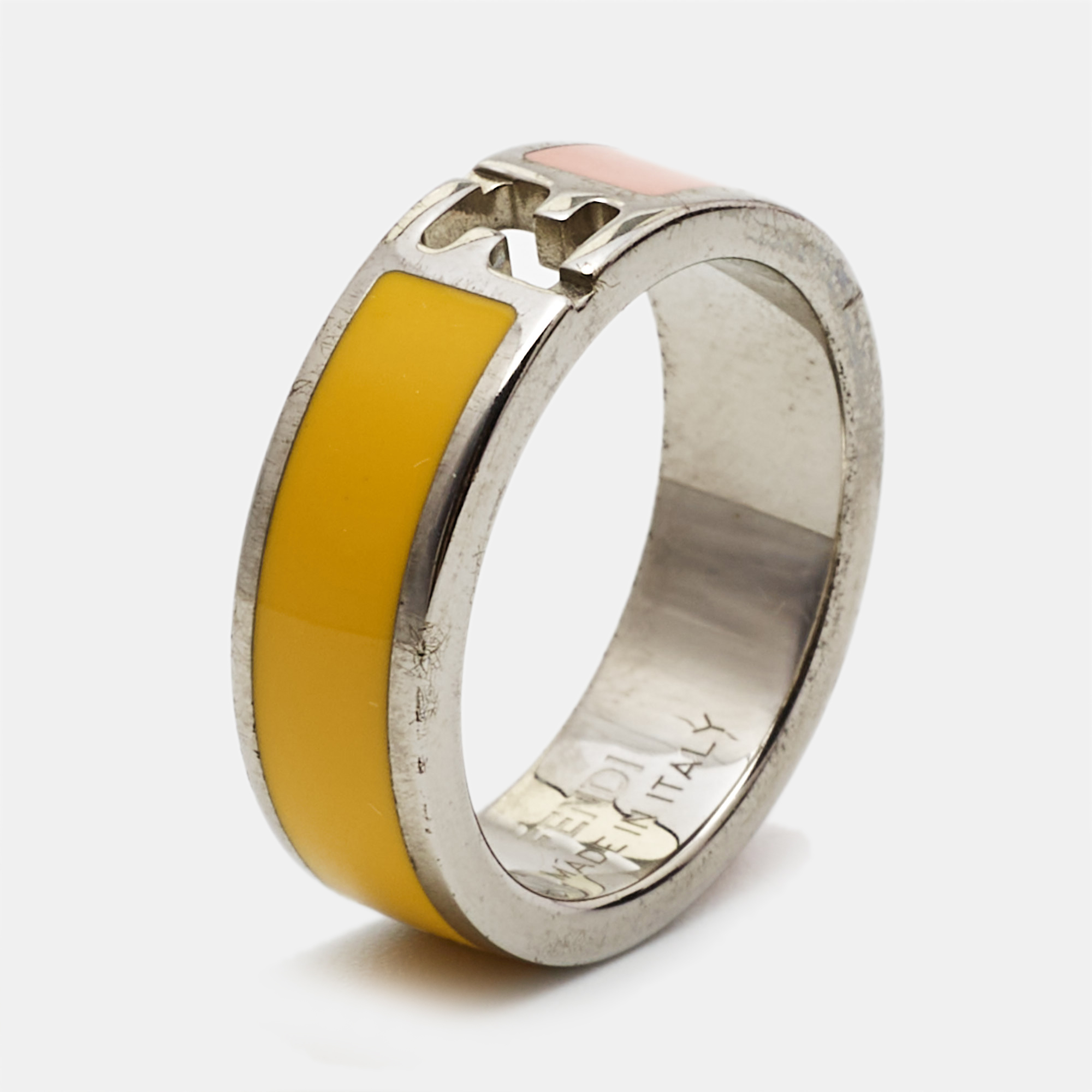 Fendi Fendista Bicolor Enamel Silver Tone Ring Size 55