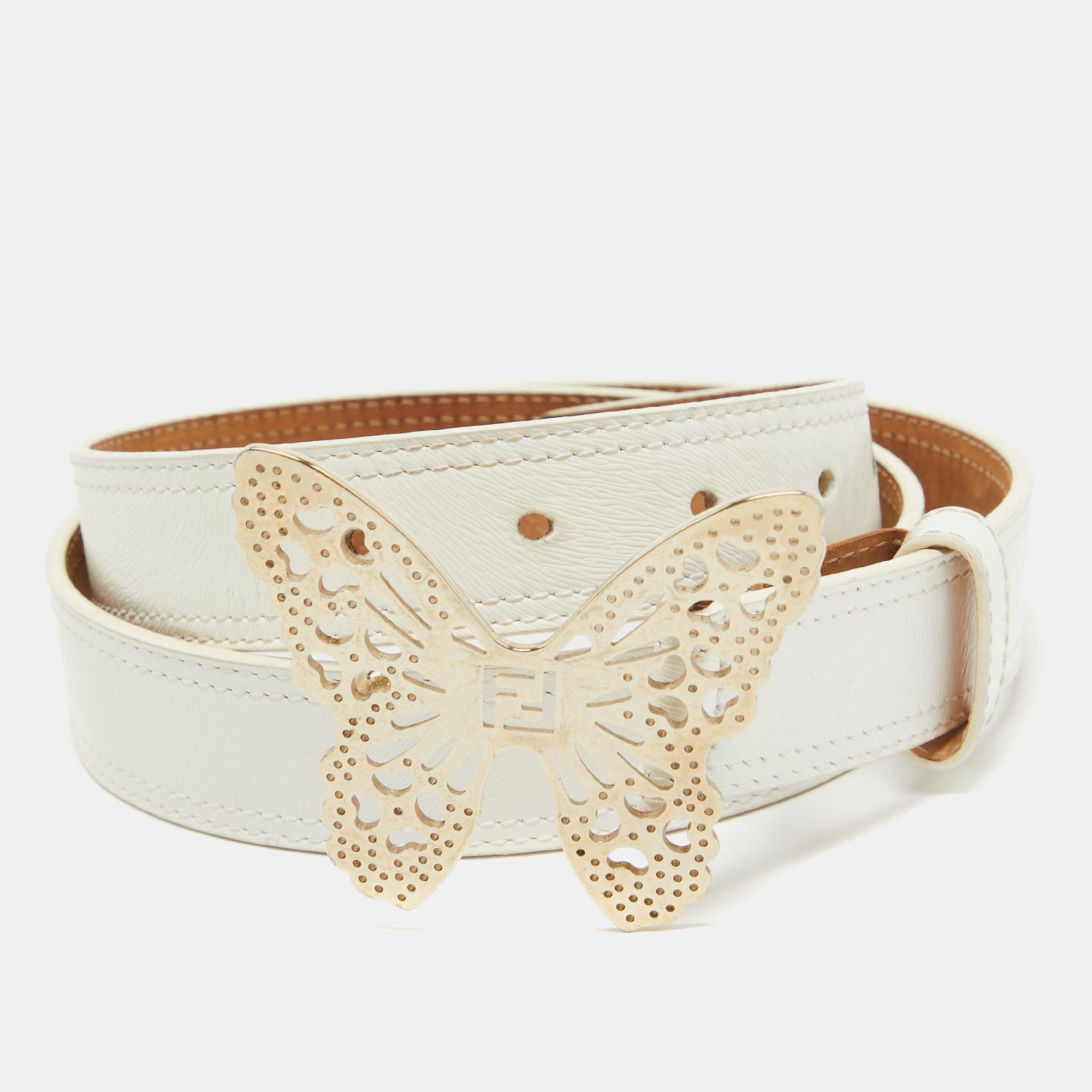 Fendi white leather butterfly buckle belt 90 cm