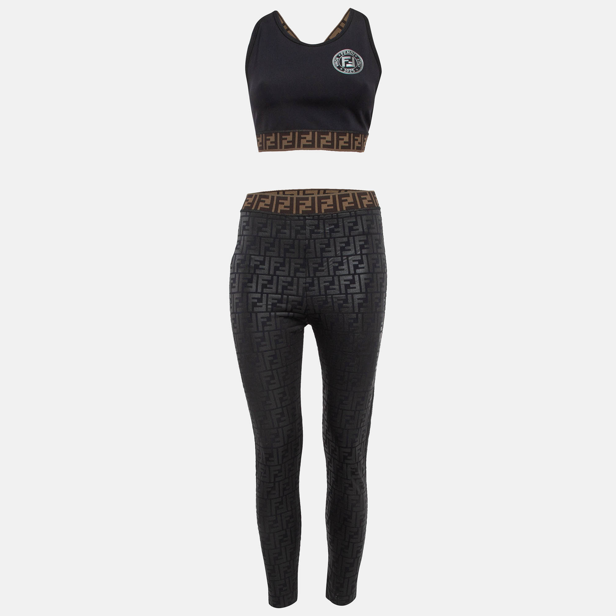 Fendi black monogram print jersey leggings and crop top set s