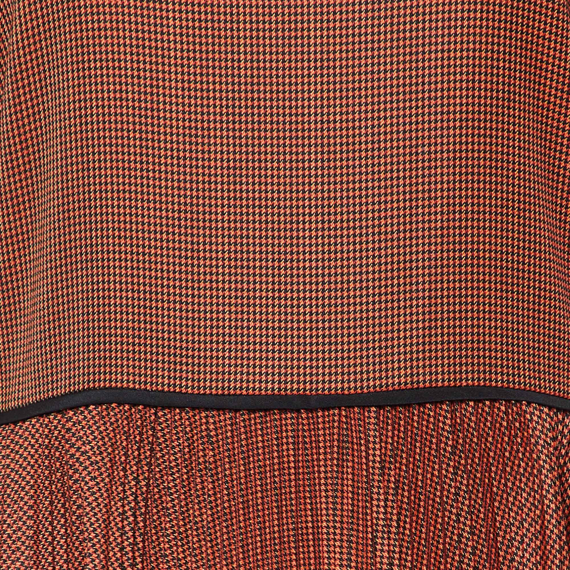 Fendi Brown Mesh Tulle Rope Trim Houndstooth Printed Long Sleeved Pleated Wool Midi Dress