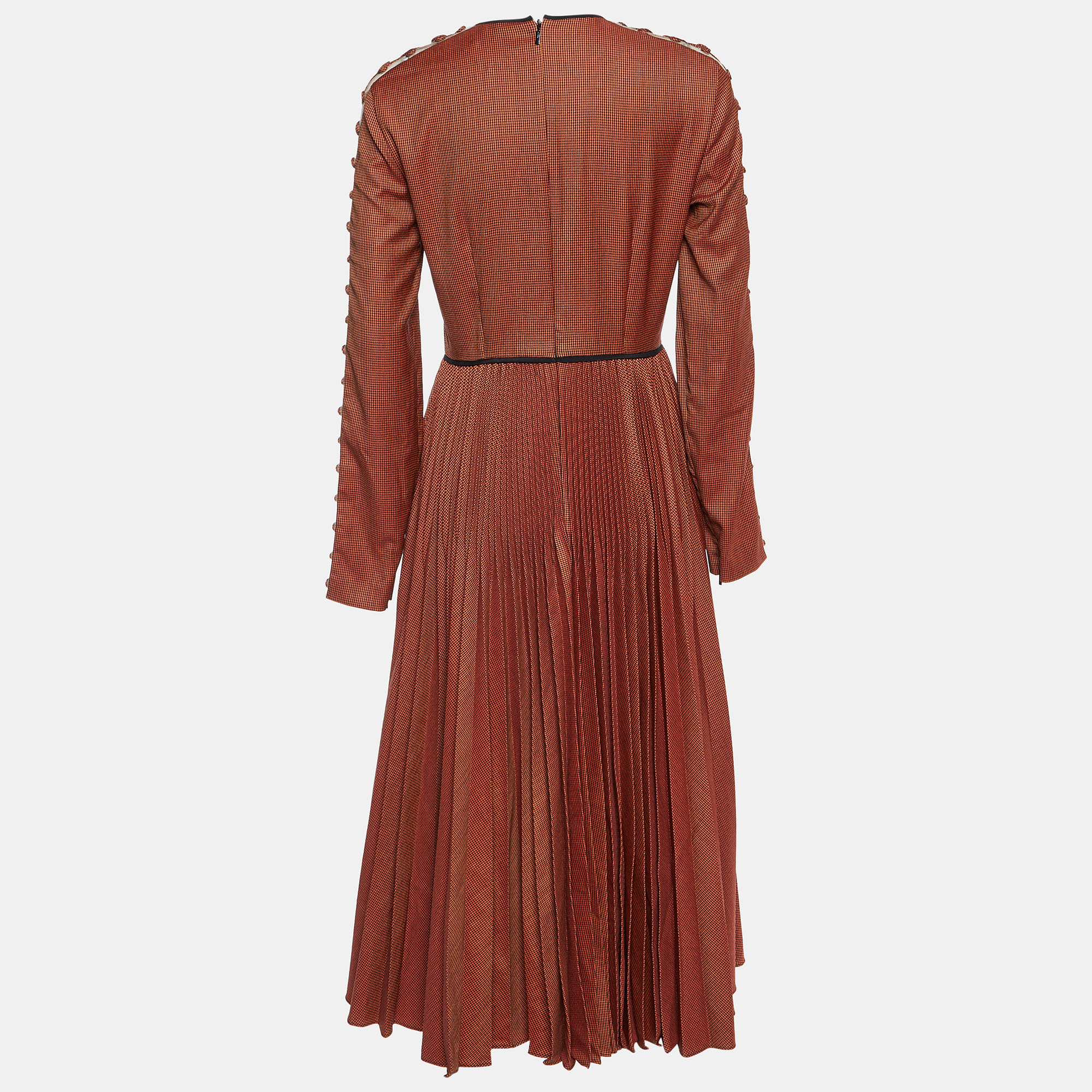 Fendi Brown Mesh Tulle Rope Trim Houndstooth Printed Long Sleeved Pleated Wool Midi Dress