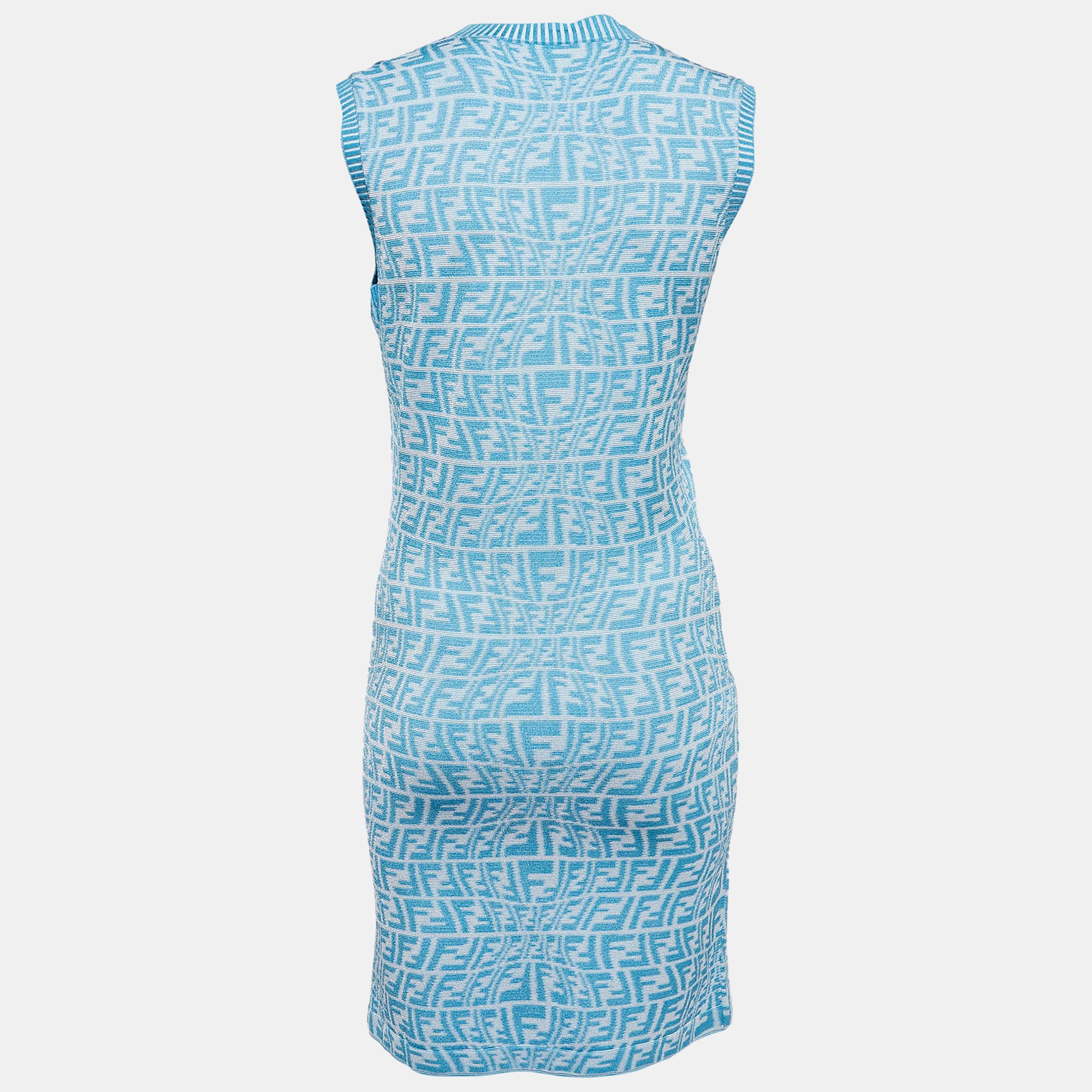 Fendi X Sarah Coleman Blue FF Vertigo Jacquard Knit Bodycon Dress M