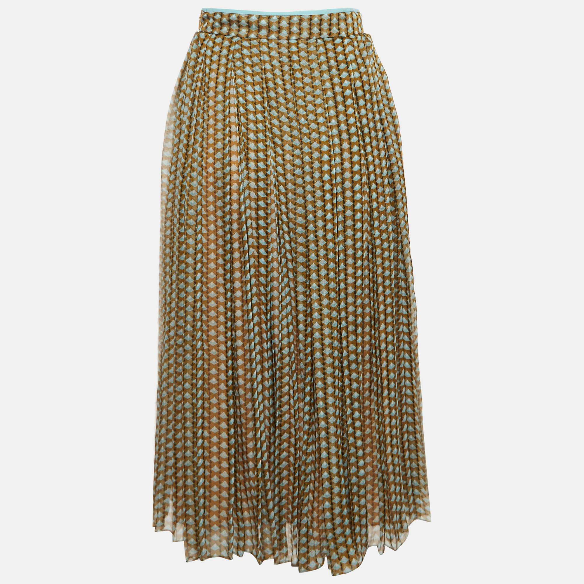 Fendi Green Printed Silk Pleated Midi Skirt S