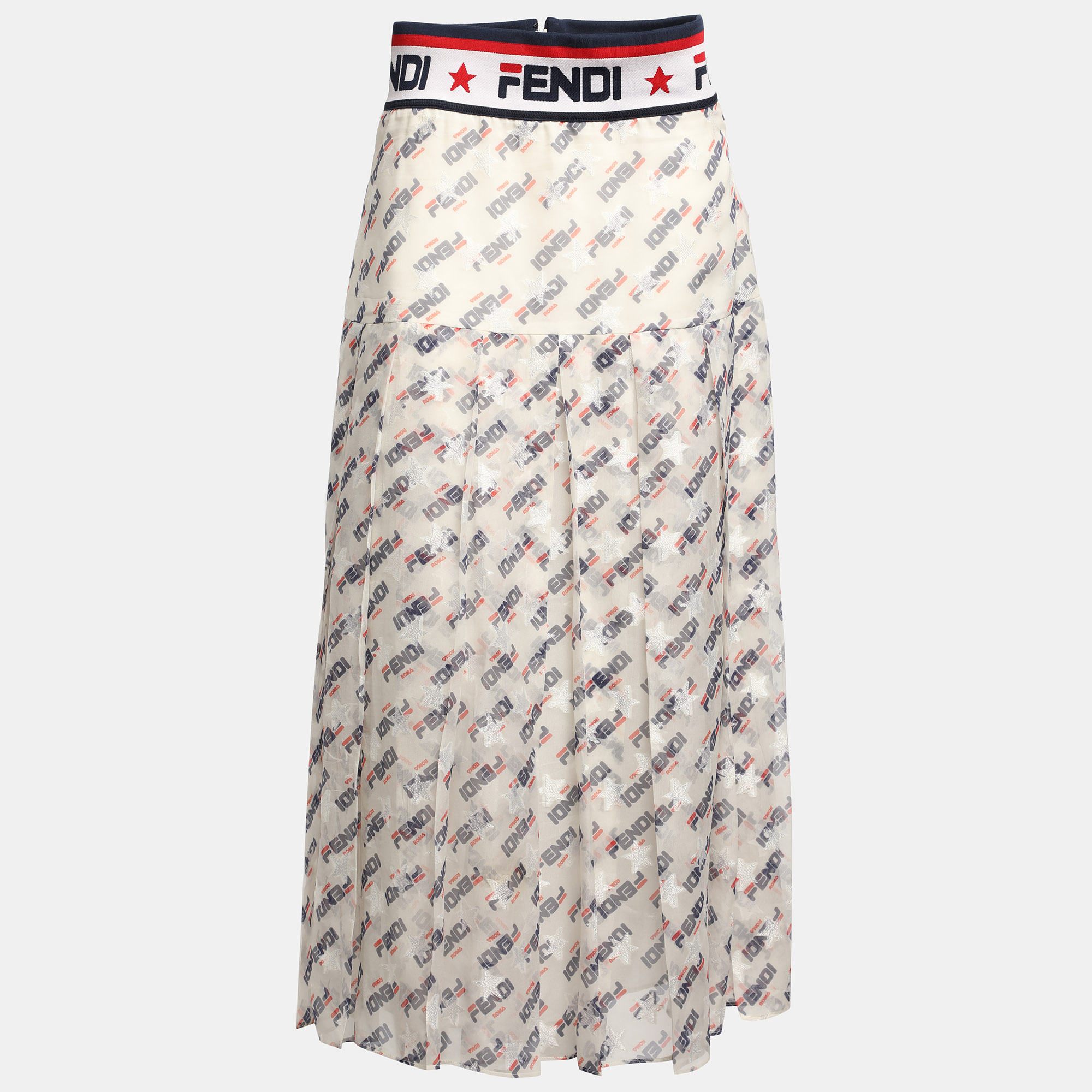 Fendi X Fila White Fendi Mania Print Silk Pleated Midi Skirt M