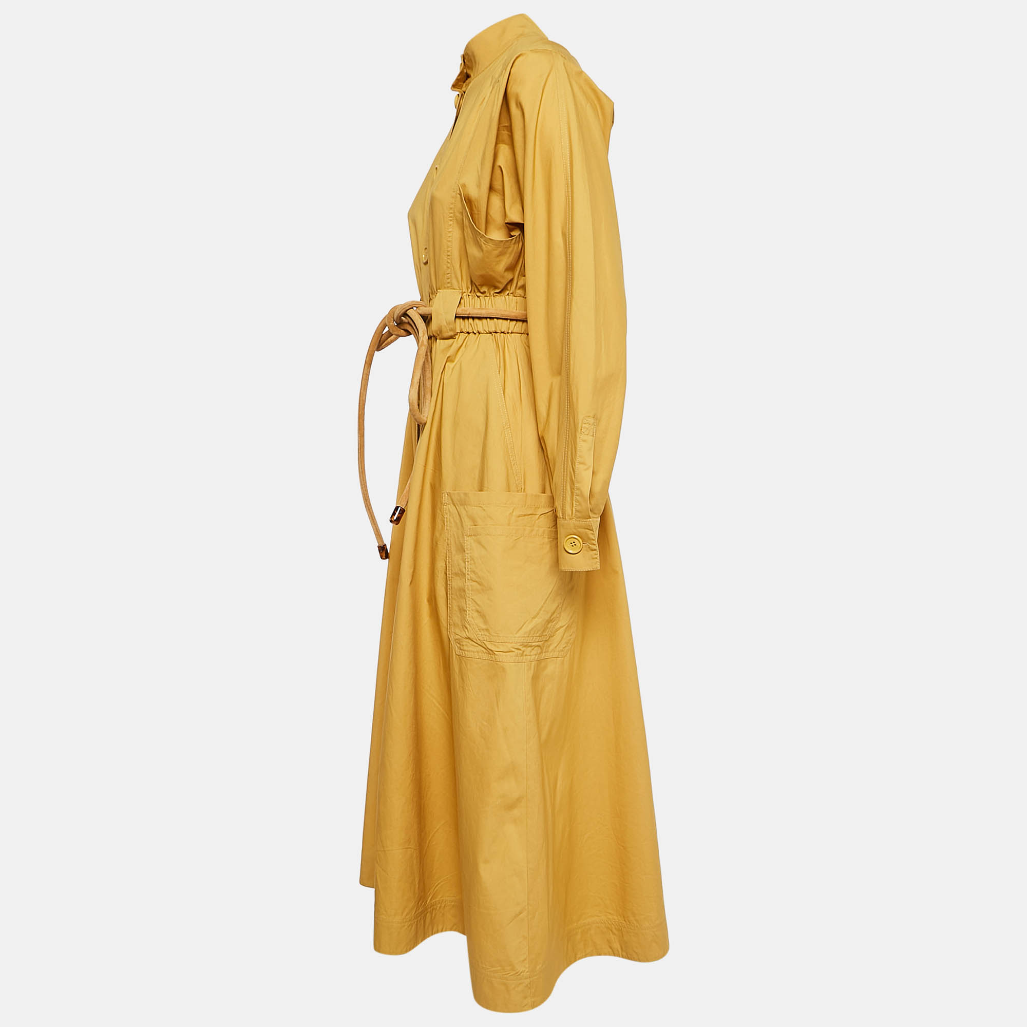 Fendi Mustard Yellow Cotton Button Front Belted Midi Dress S