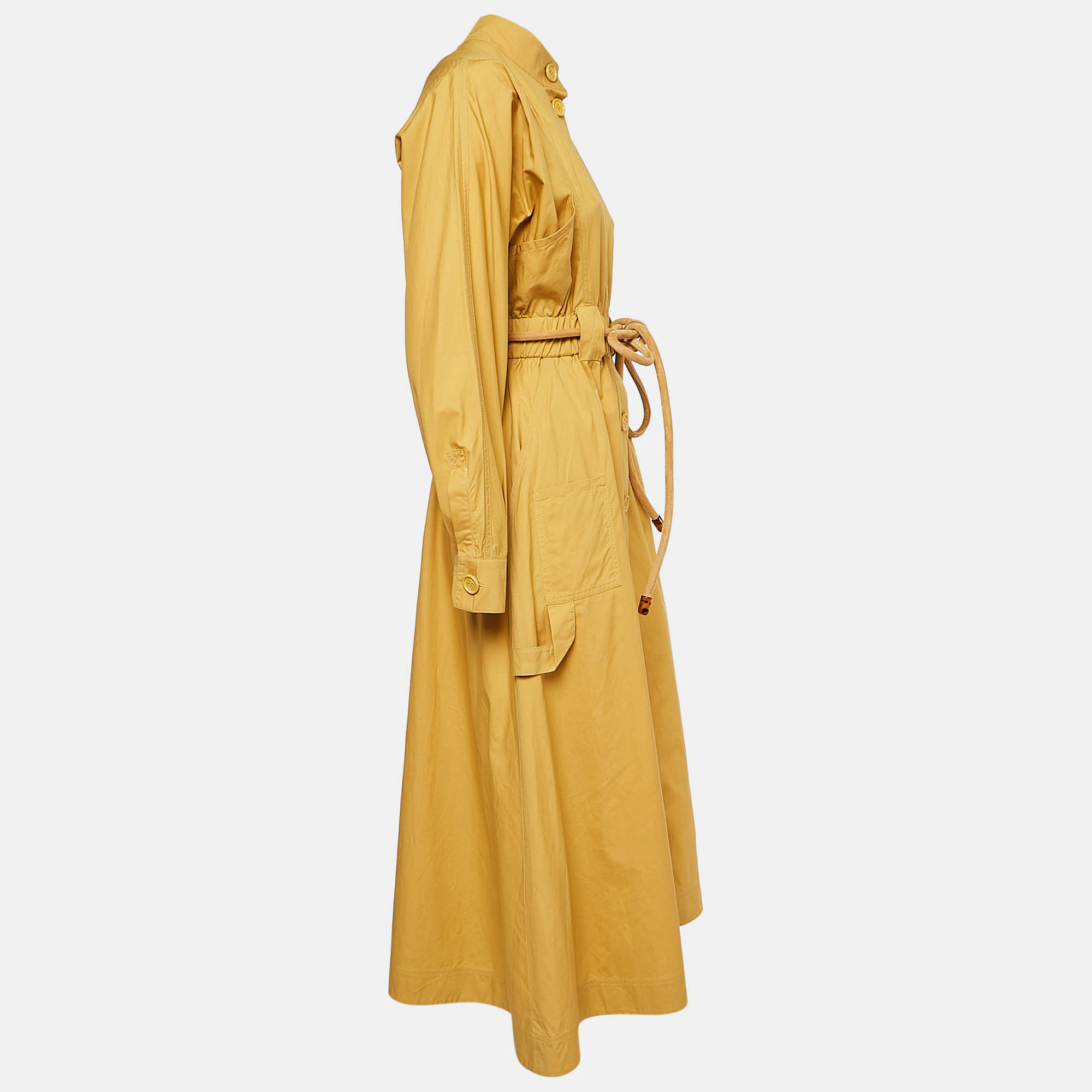 Fendi Mustard Yellow Cotton Button Front Belted Midi Dress S