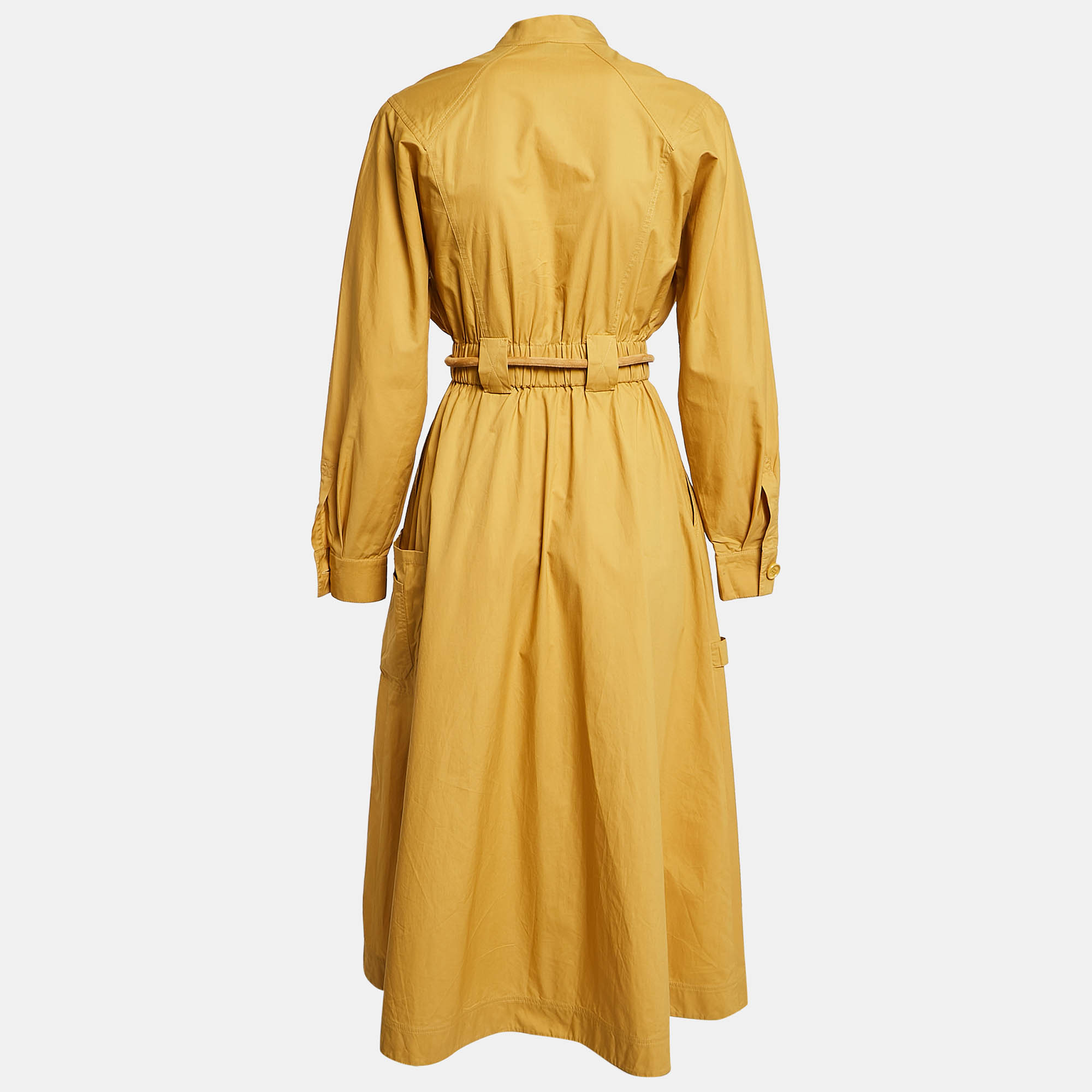 Fendi Mustard Yellow Cotton Button Front Belted Midi Dress S