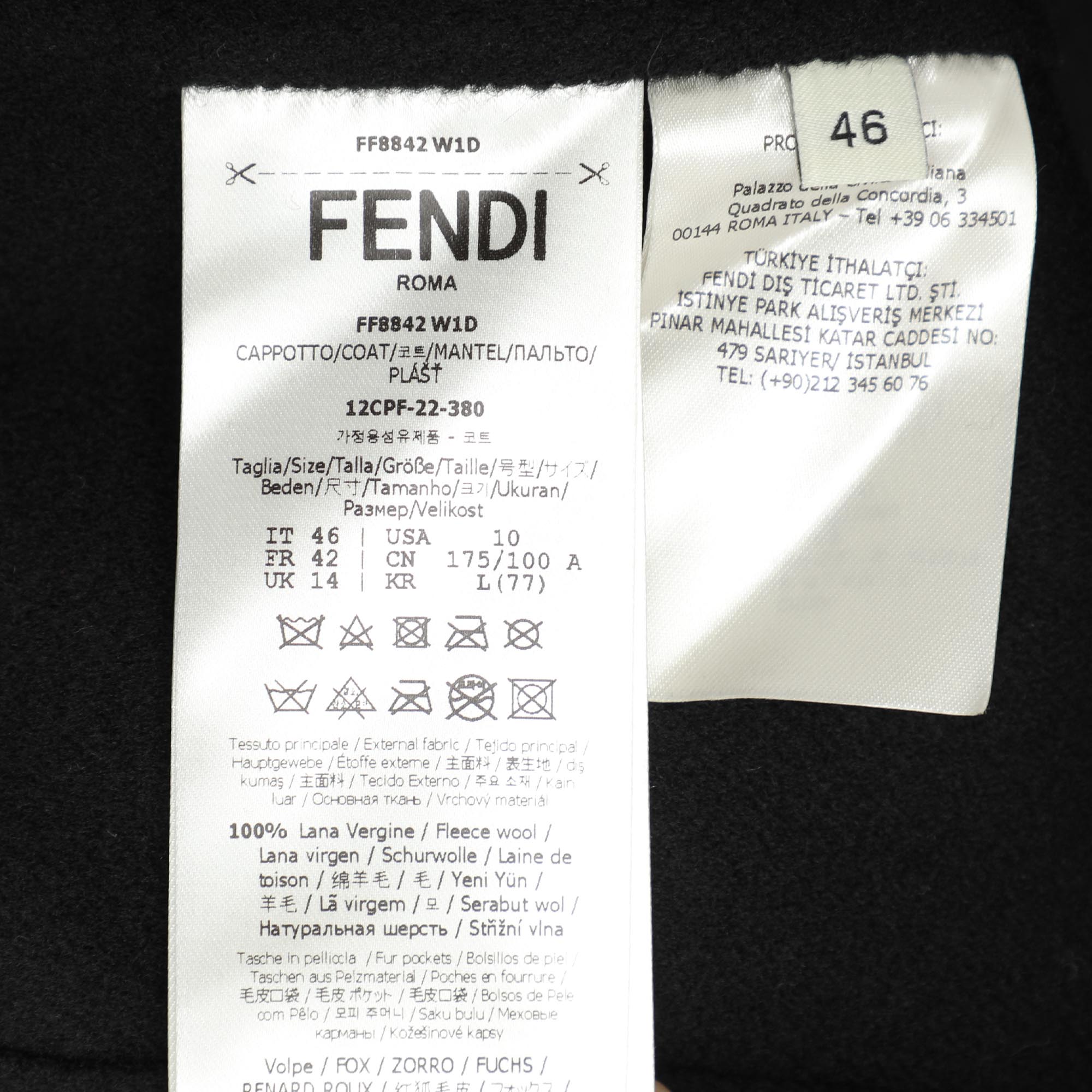 Fendi Black Wool Double Breasted Coat L