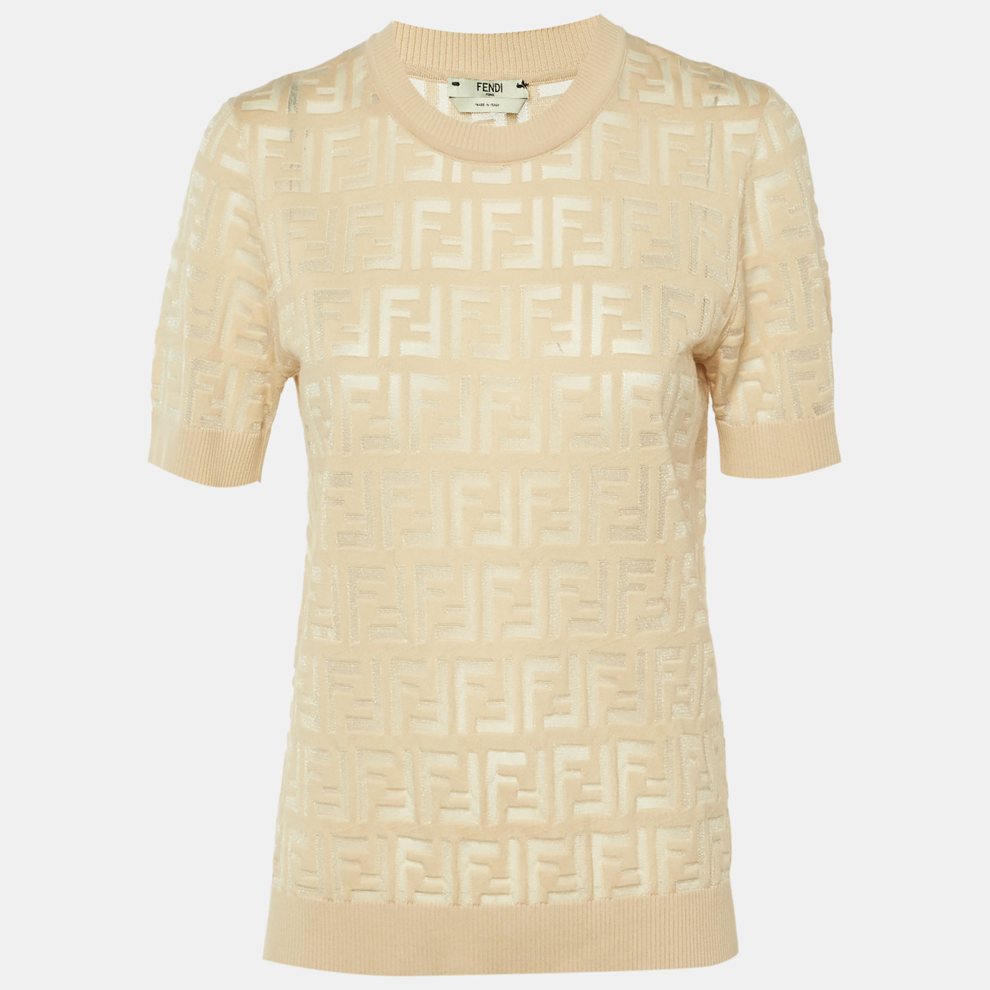 Fendi Beige FF Jacquard Knit Sheer Crew Neck Jumper M
Fendi Beige FF Jacquard Knit Sheer Crew Neck Jumper M