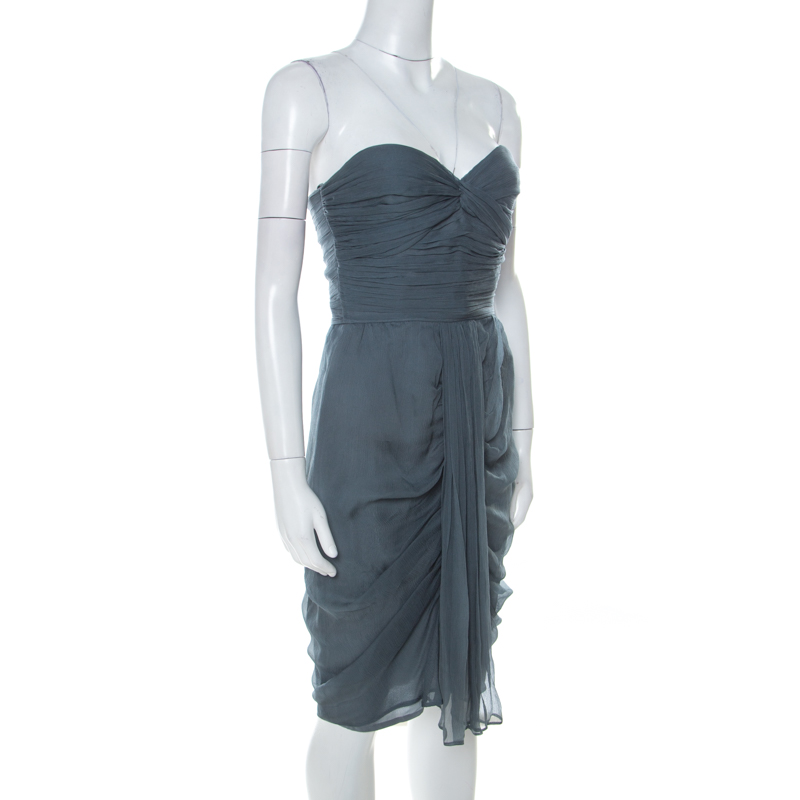 

Fendi Grey-Teal Chiffon Corset Bodice Ruched & Draped Short Strapless Dress