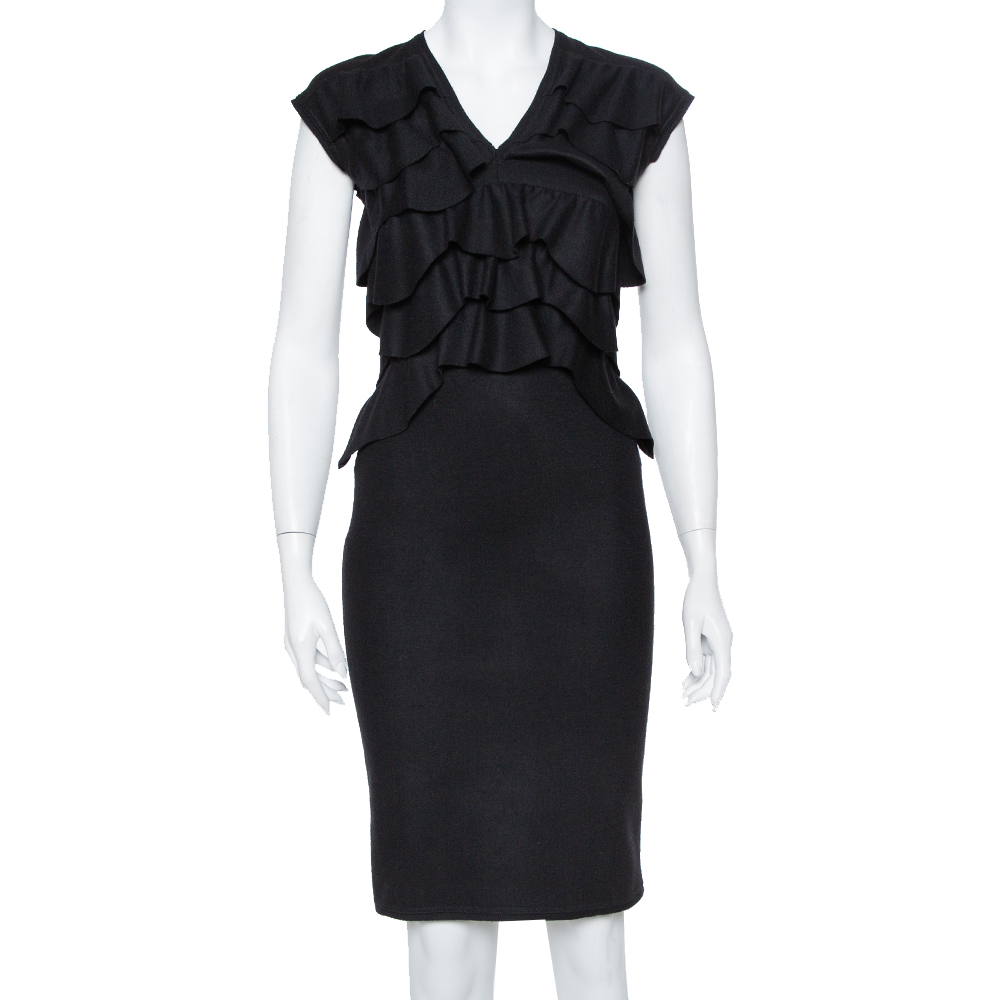 Fendi Black Wool Ruffle Detail Sheath Dress S