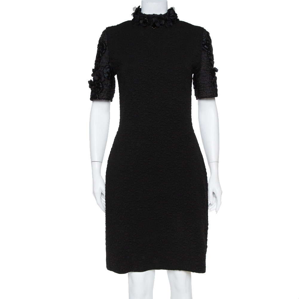 Fendi Black Embossed Knit Applique Detail Cloque Dress M