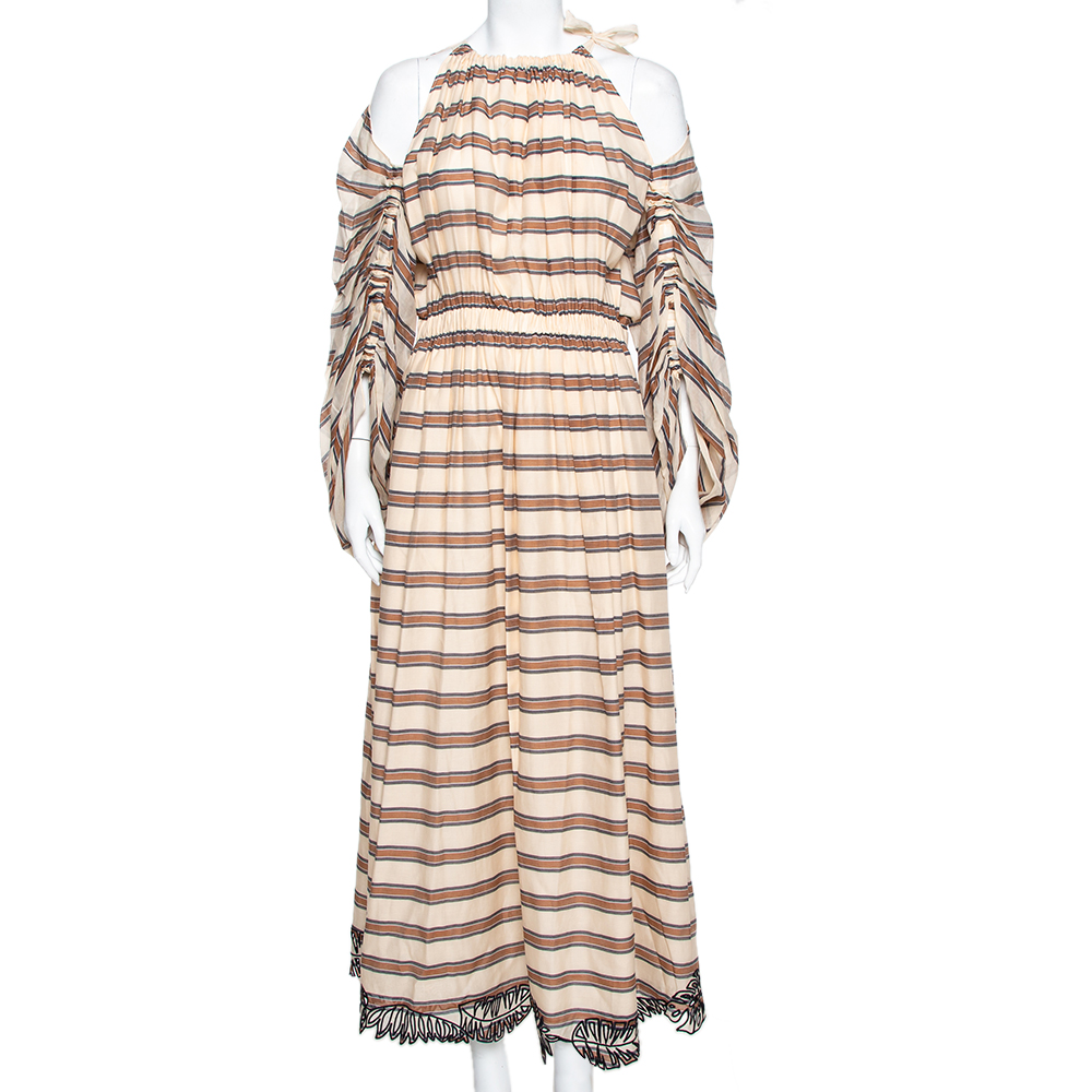 Fendi Beige Striped Cotton & Silk Cut Out Sleeve Detail Maxi Dress M