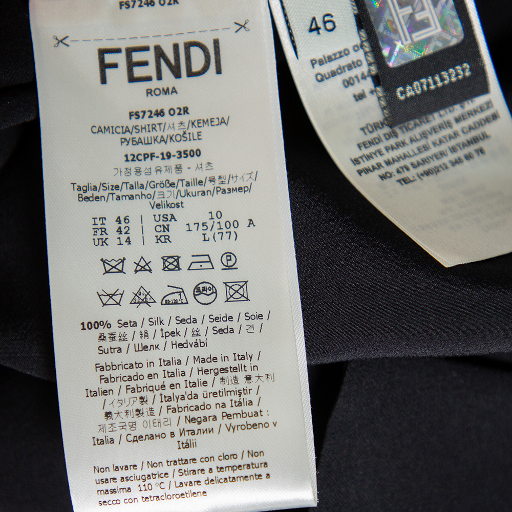 Fendi Black Silk V Neck Collared Button Front Shirt L