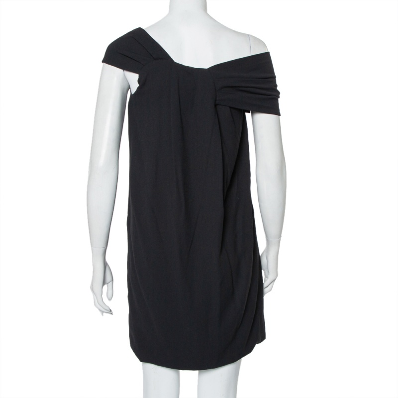 Fendi Black Crepe Pleated One Shoulder Mini Dress S