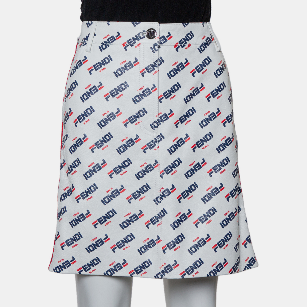 Fendi White Allover Fendi Mania Logo Leather Mini Skirt M