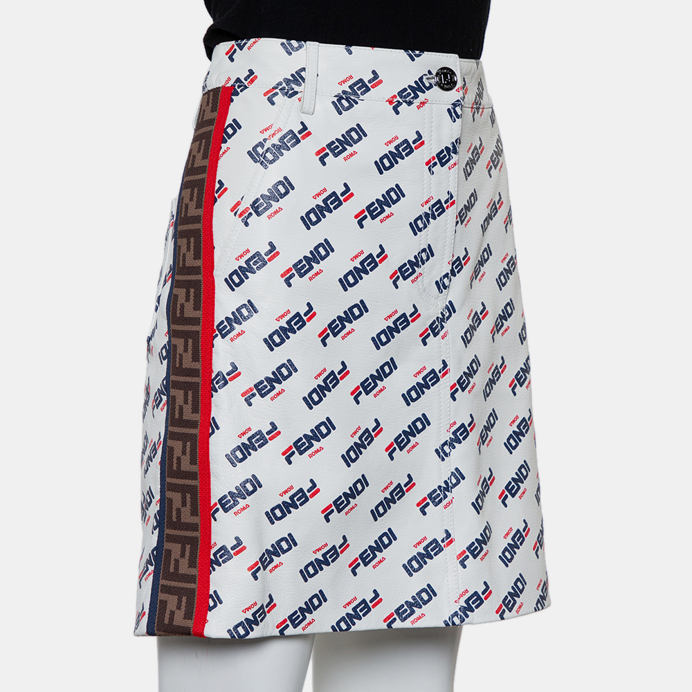 Fendi White Allover Fendi Mania Logo Leather Mini Skirt M