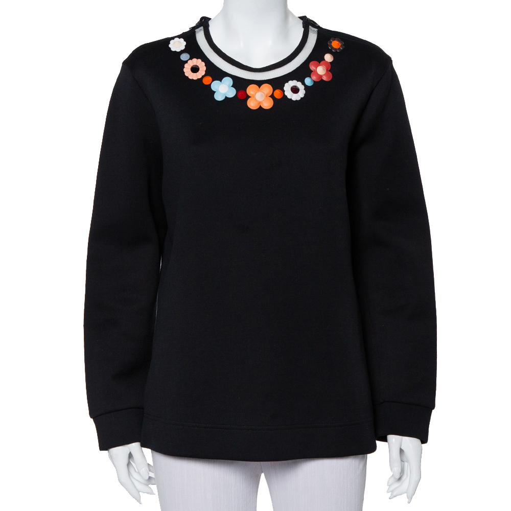 Fendi Black Knit Floral Neck Embellished Round Neck Top XL